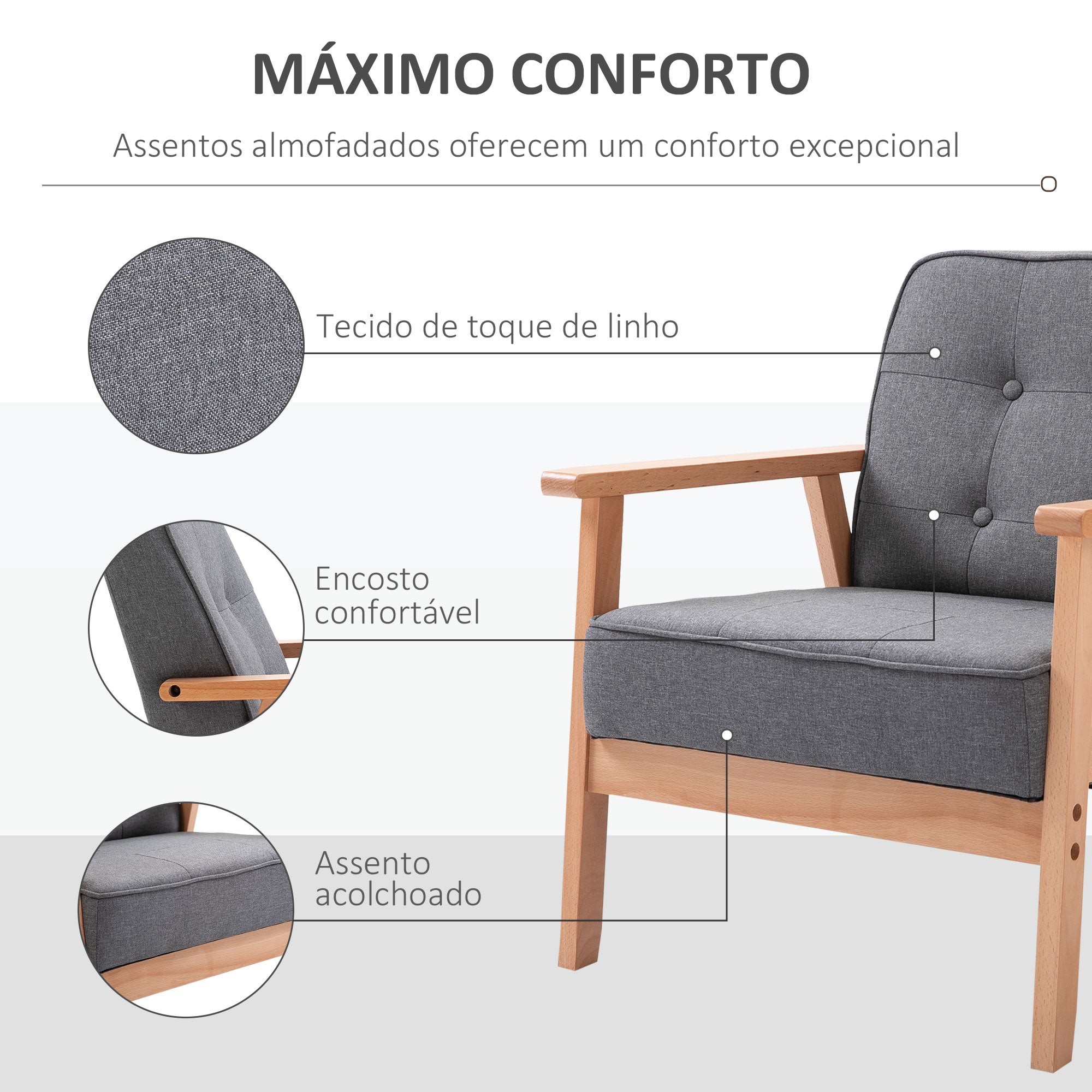 Poltrona Individual Estofada – 70x64,5x74cm – Cinza e Madeira