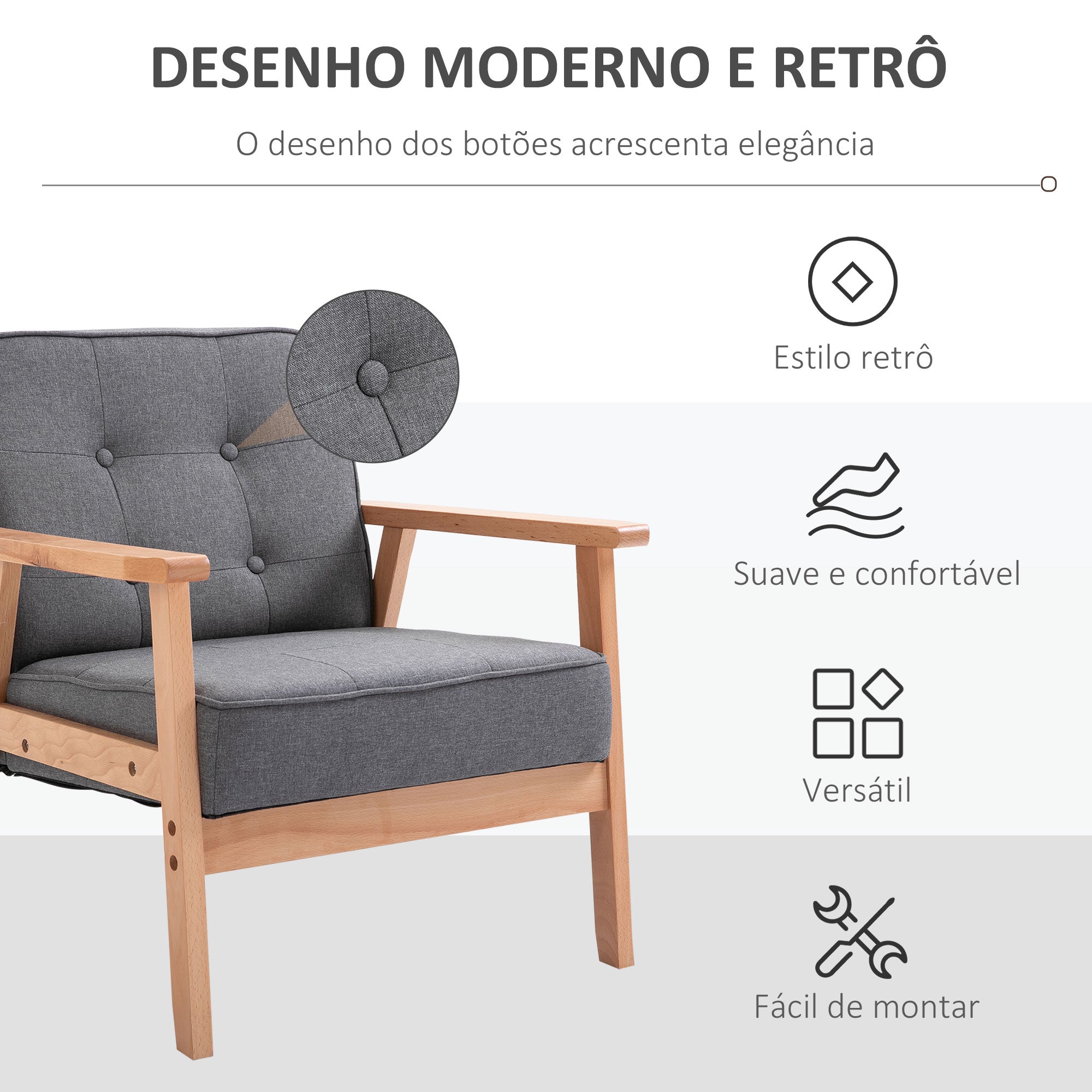 Poltrona Individual Estofada – 70x64,5x74cm – Cinza e Madeira