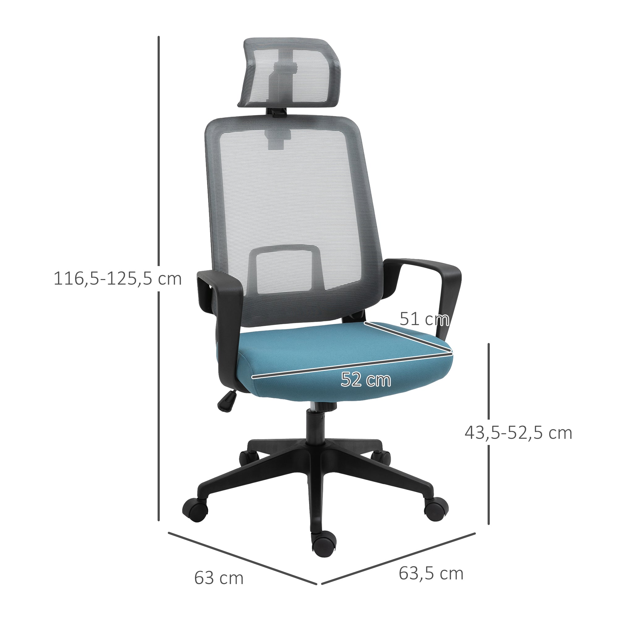 Cadeira de Escritório Ergonômica Azul 63.5x63x125.5cm