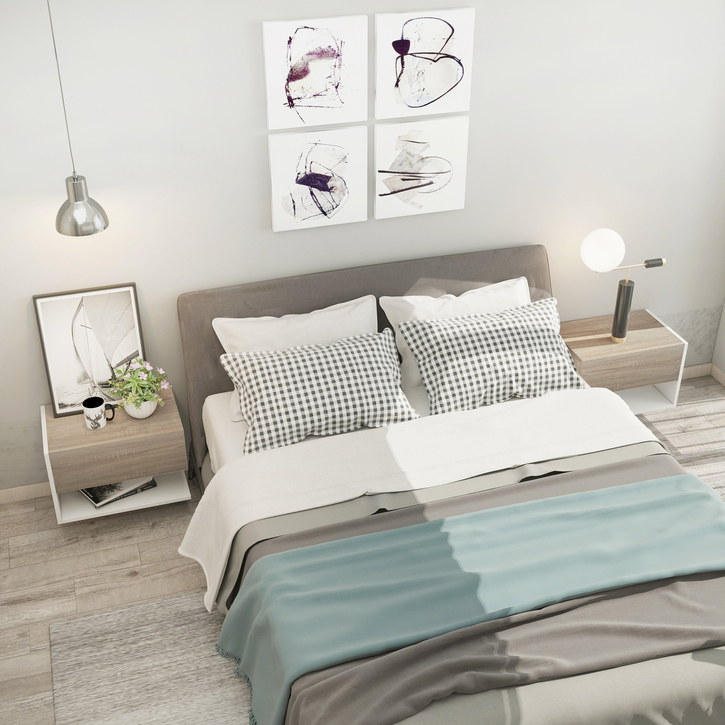 Mesas de Cabeceira Flutuantes com 1 Gaveta e Prateleira Aberta 46x30x30 cm - Branco e Carvalho