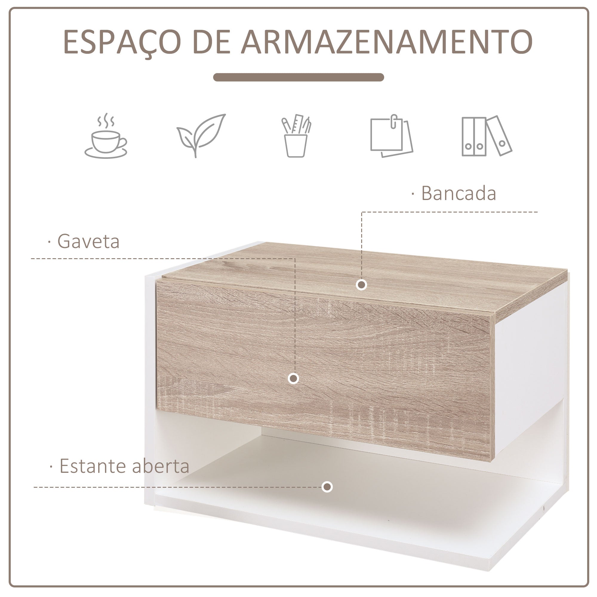 Mesas de Cabeceira Flutuantes com 1 Gaveta e Prateleira Aberta 46x30x30 cm - Branco e Carvalho