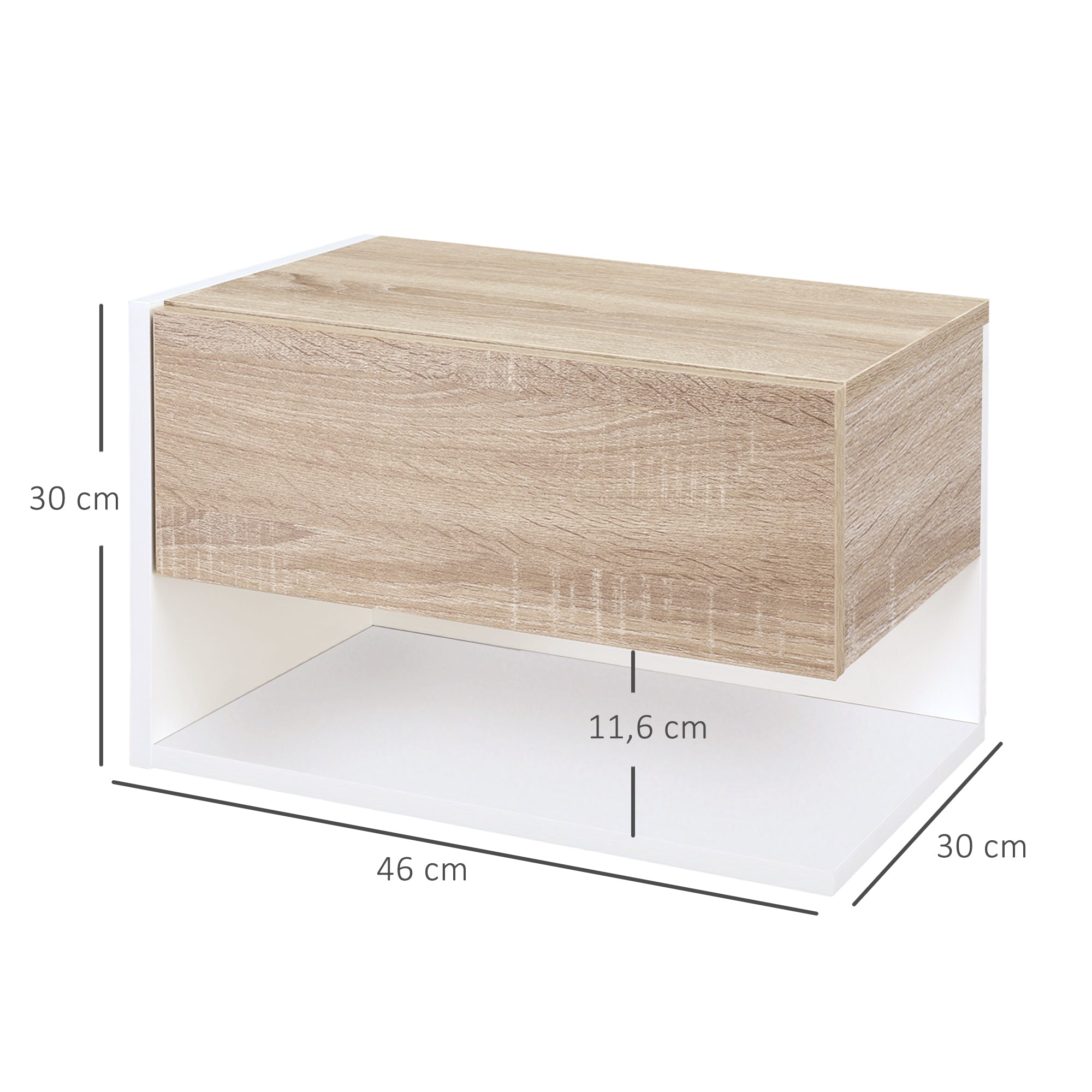 Mesas de Cabeceira Flutuantes com 1 Gaveta e Prateleira Aberta 46x30x30 cm - Branco e Carvalho