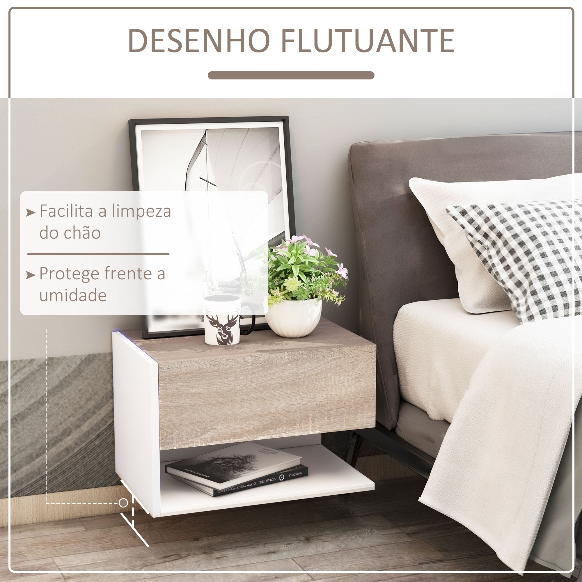 Mesas de Cabeceira Flutuantes com 1 Gaveta e Prateleira Aberta 46x30x30 cm - Branco e Carvalho