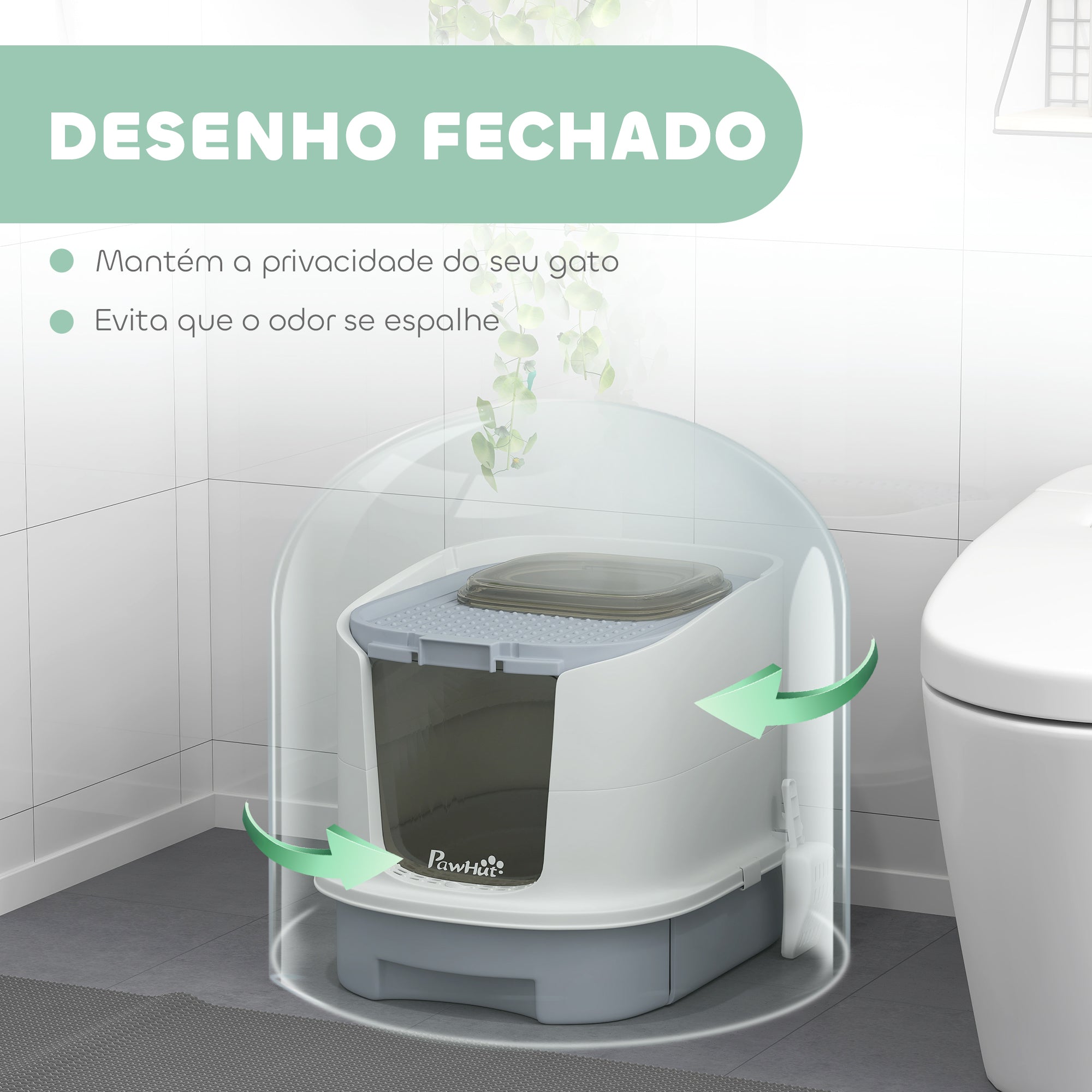 Caixa de Areia para Gatos Fechada – 40,5x52,5x42,5 cm – Cinzenta – Polipropileno