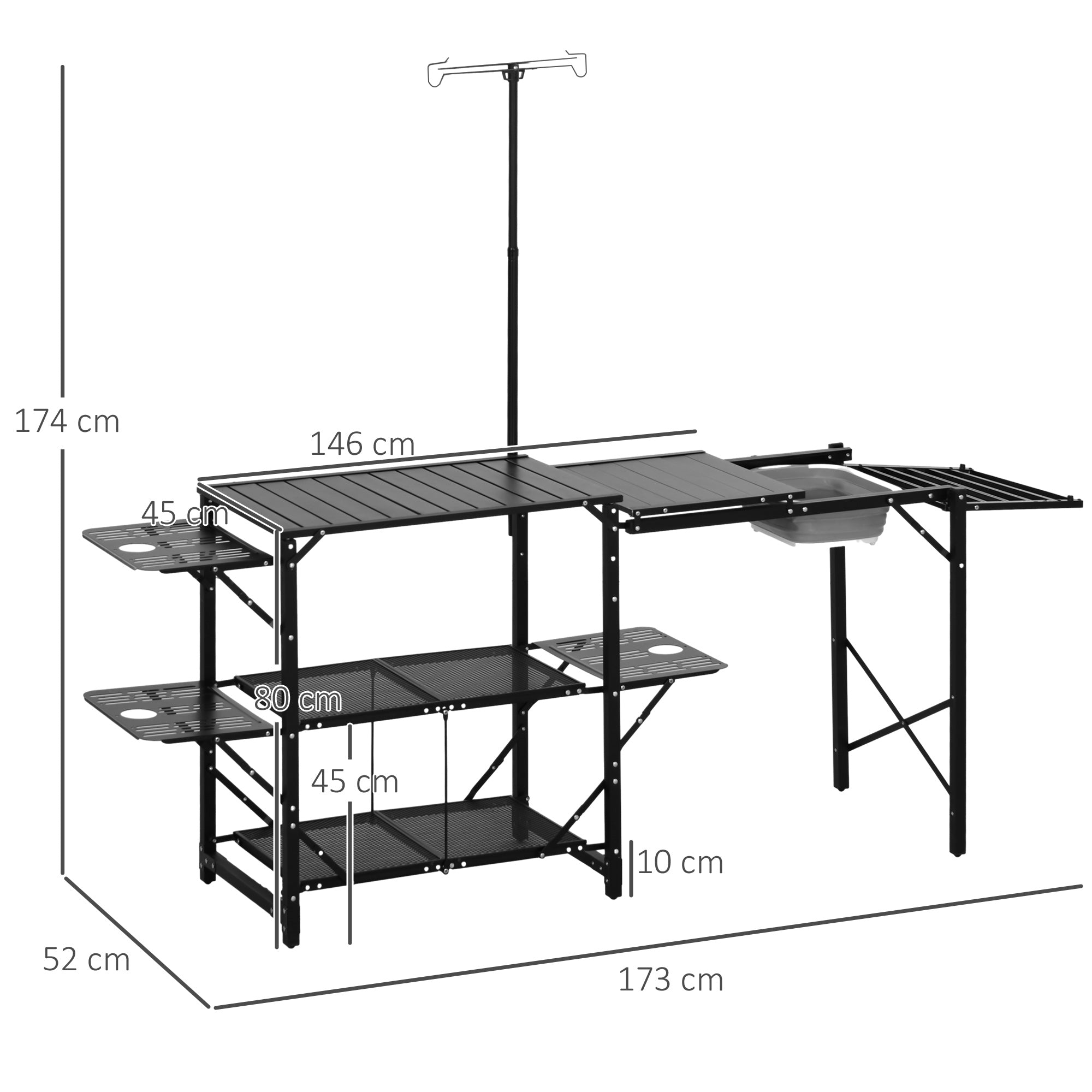 Mesa de Campismo Dobrável 173x52x80-174 cm Preto