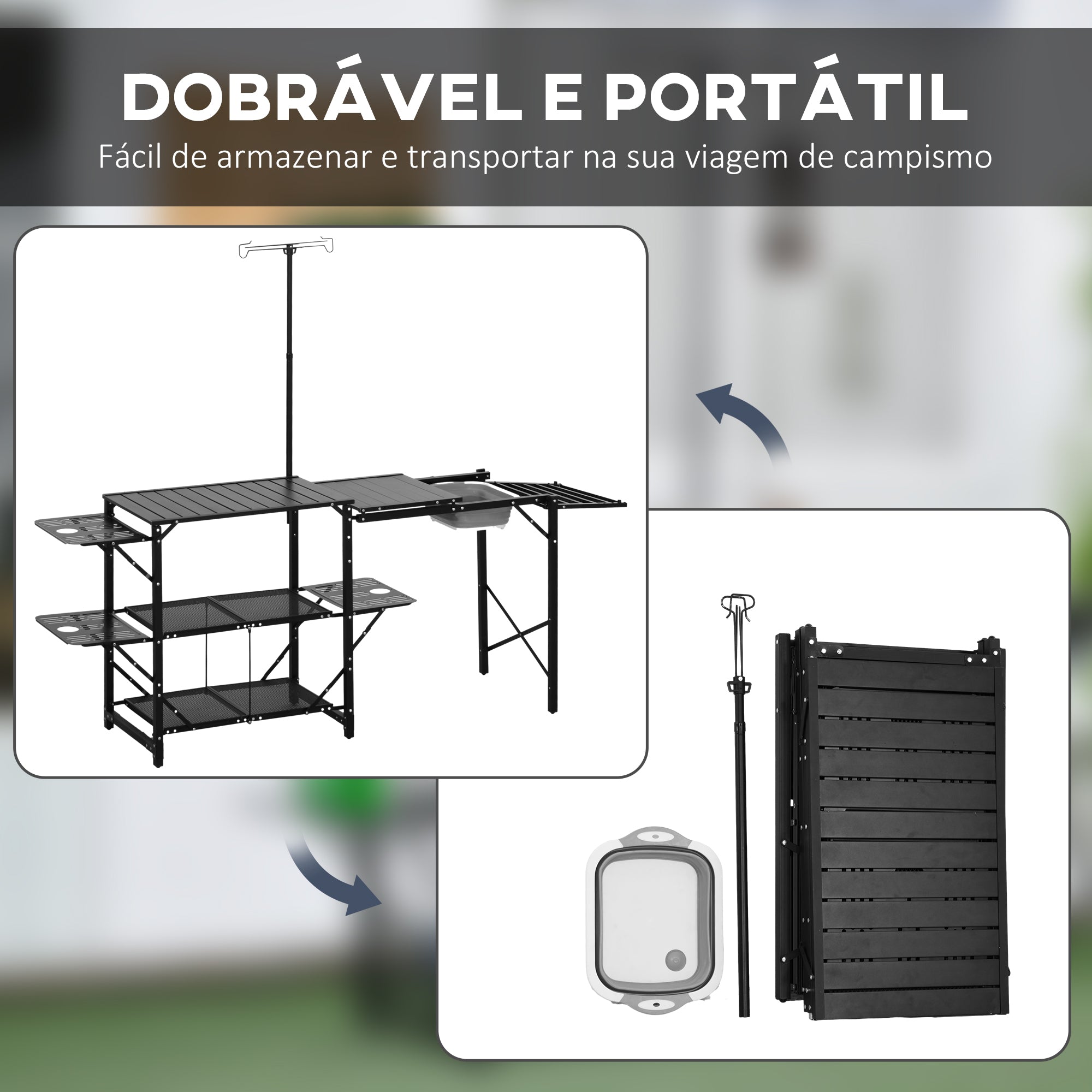 Mesa de Campismo Dobrável 173x52x80-174 cm Preto