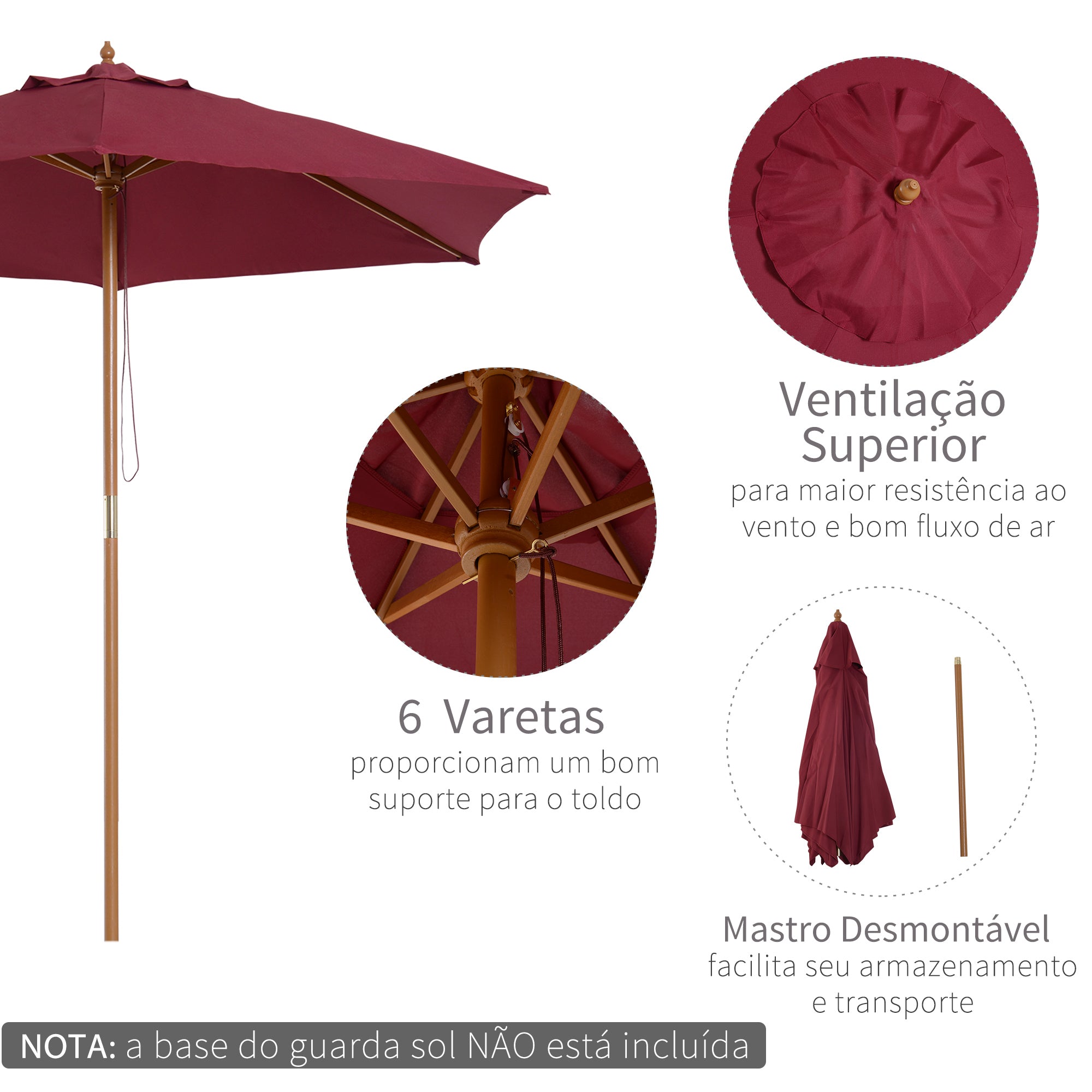 Chapéu de Sol – Ø2,50 x 2,30 m – Vermelho Vinho – Madeira e Poliéster