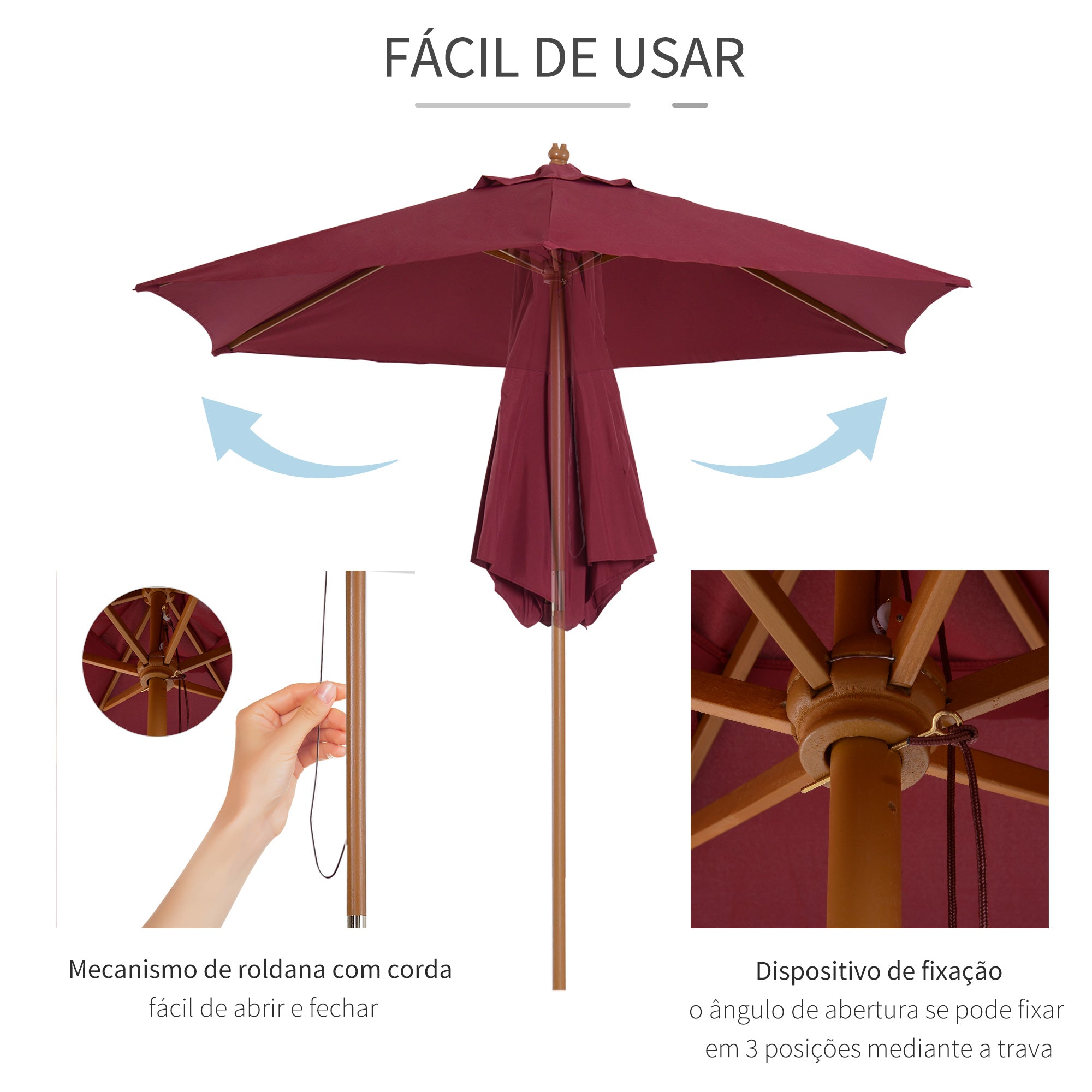 Chapéu de Sol – Ø2,50 x 2,30 m – Vermelho Vinho – Madeira e Poliéster