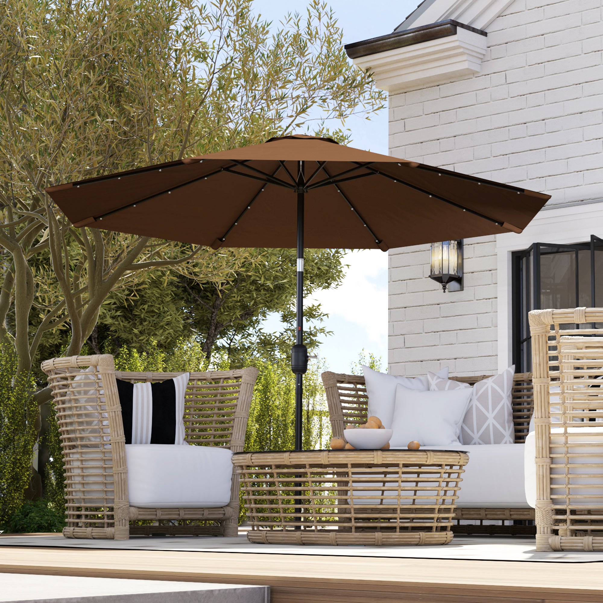 Chapéu de Sol Marrom Ø265x233cm com 32 Luzes LED Solares