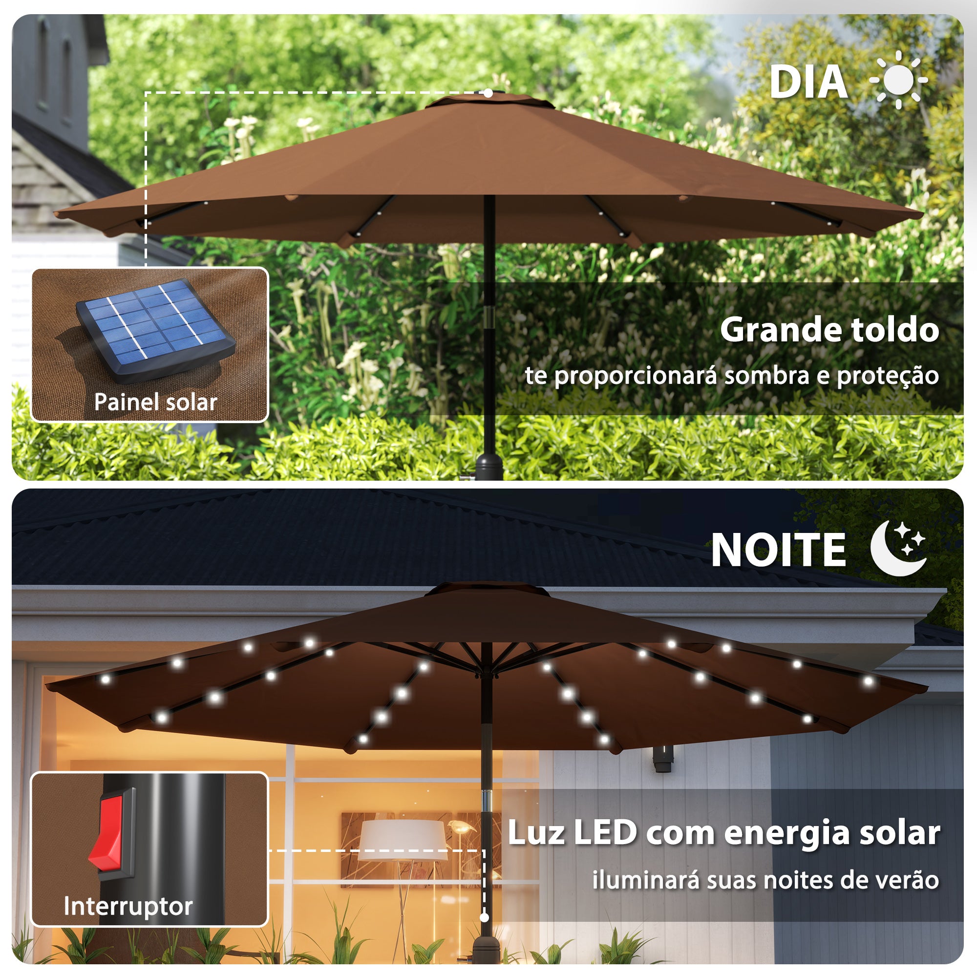 Chapéu de Sol Marrom Ø265x233cm com 32 Luzes LED Solares