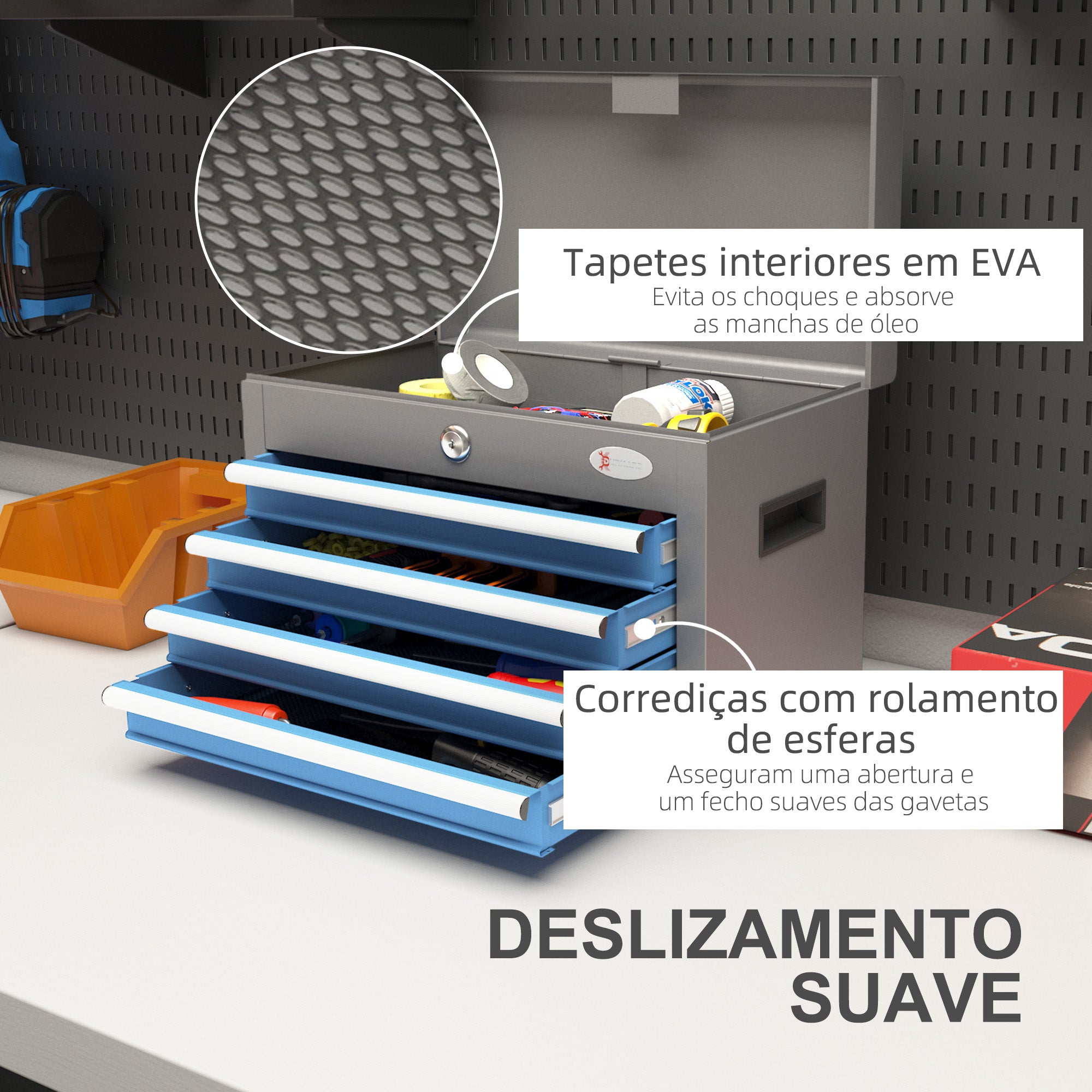 Caixa de Ferramentas Metálica com 4 Gavetas 45x24,5x32,5 cm - Azul e Prata