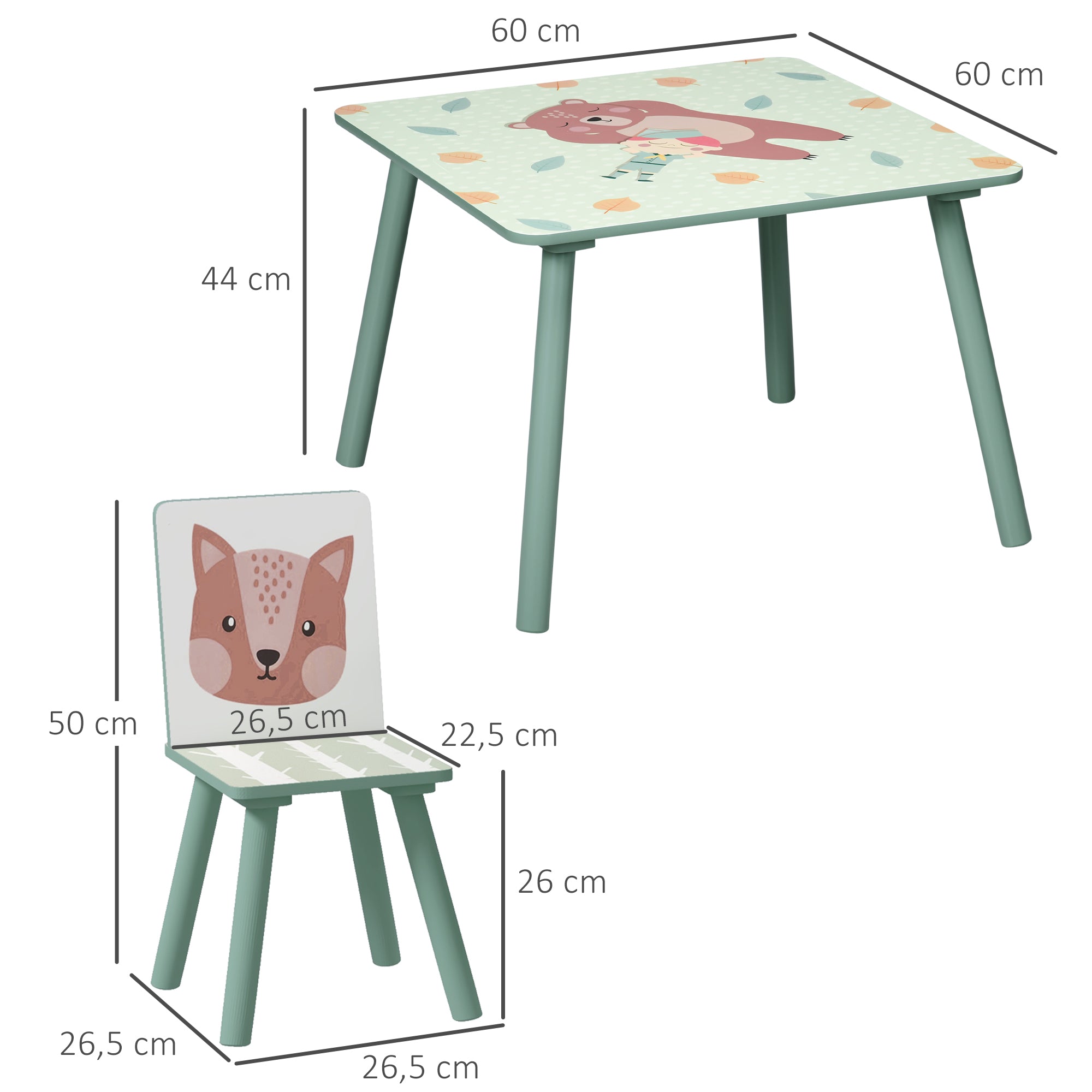 Conjunto de Mesa e Cadeiras para Crianças – 60x60x44 cm – Verde – MDF e Madeira de Pinho