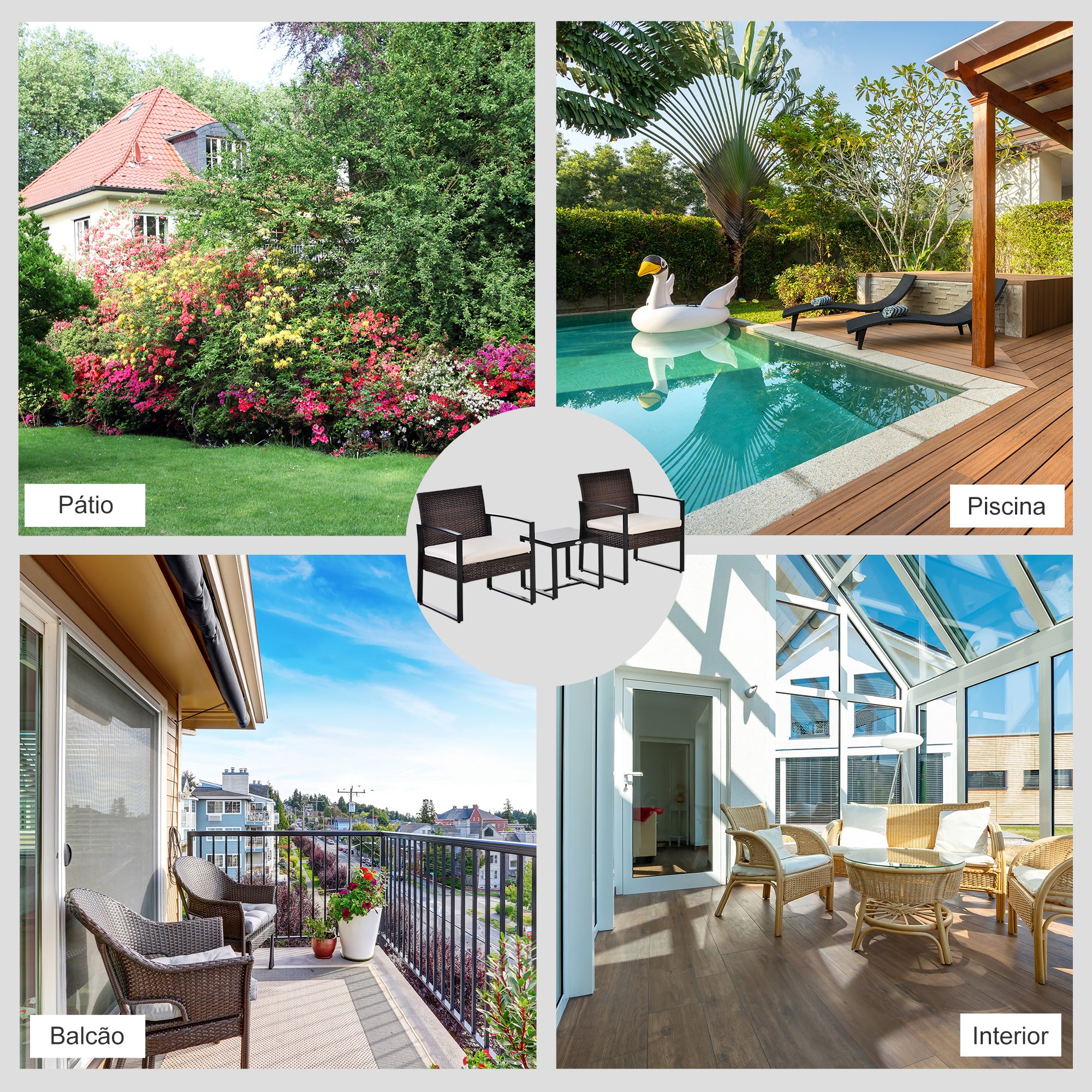 Conjunto de Móveis de Jardim de Vime 3 Peças – 63x57x76 cm – marrom