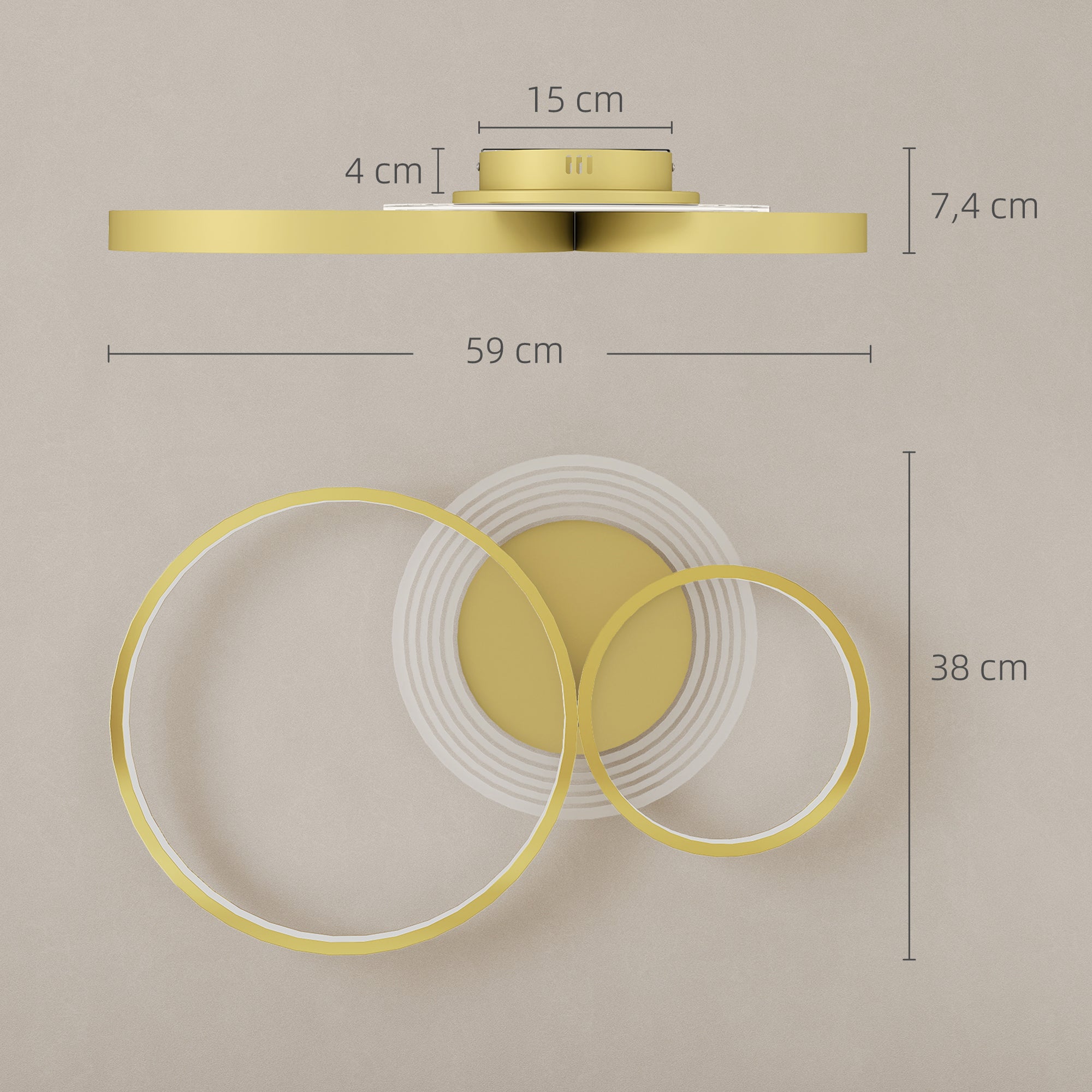 Candeeiro de Teto LED 40W Ouro 59x38x7,4 cm - Iluminação LED Regulável 3000K/4000K/6500K