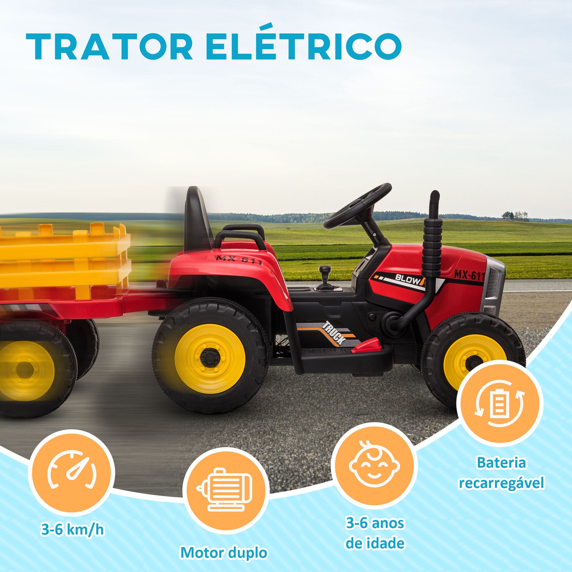 Trator Elétrico Vermelho 136,5x50x52,5 cm para Crianças 3-6 Anos com Controlo Remoto e Música MP3