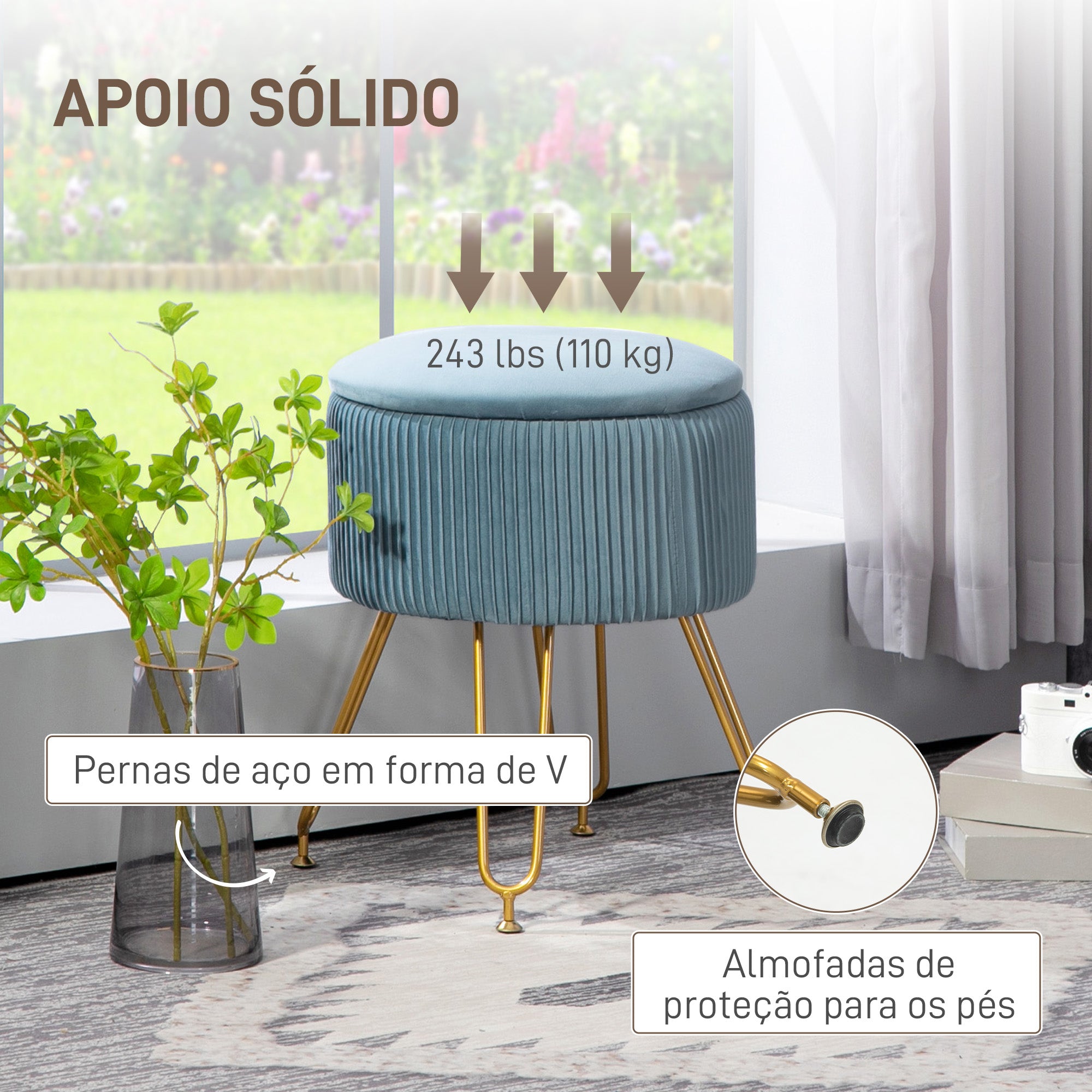 Puff de Armazenamento em Veludo Azul – Ø40x48 cm