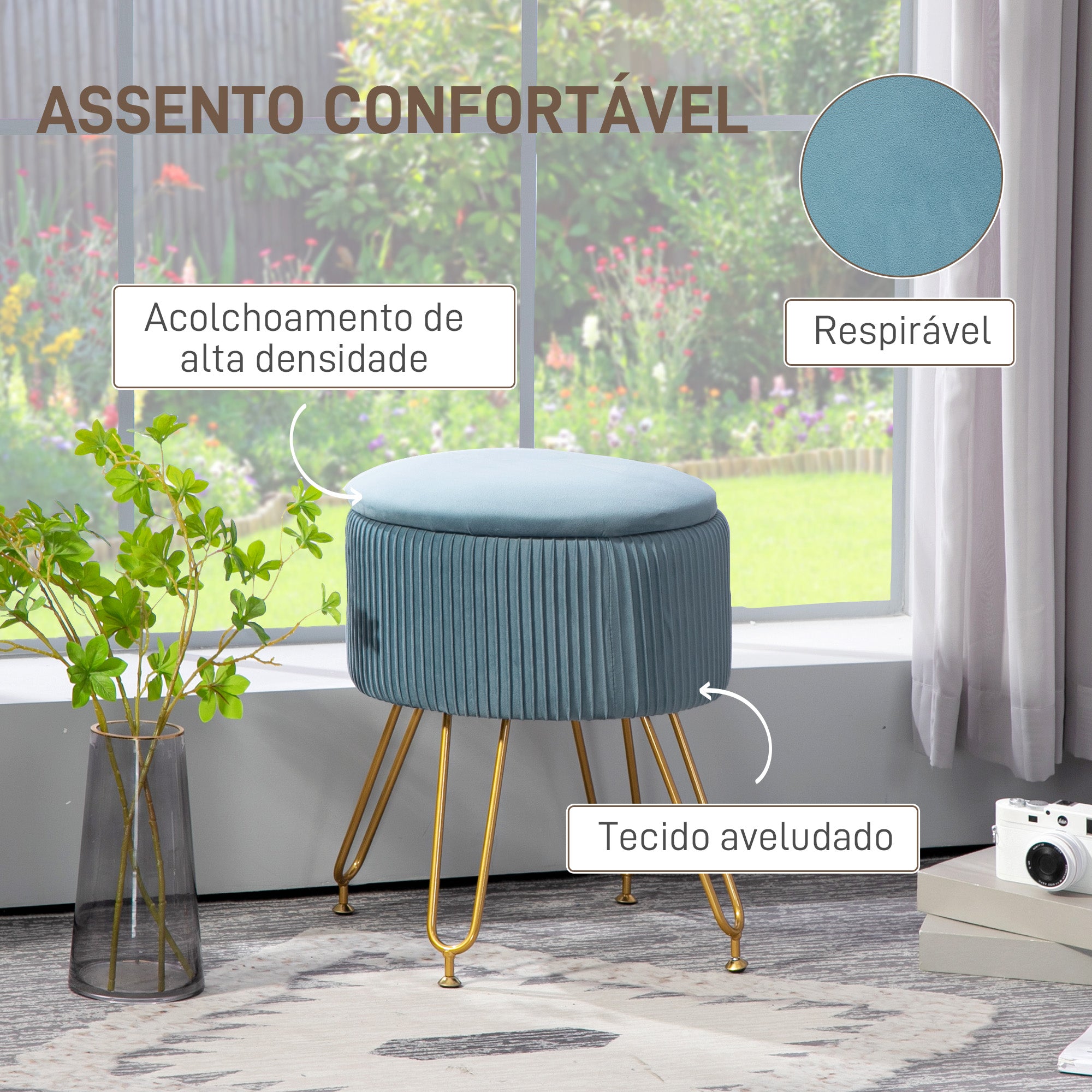 Puff de Armazenamento em Veludo Azul – Ø40x48 cm