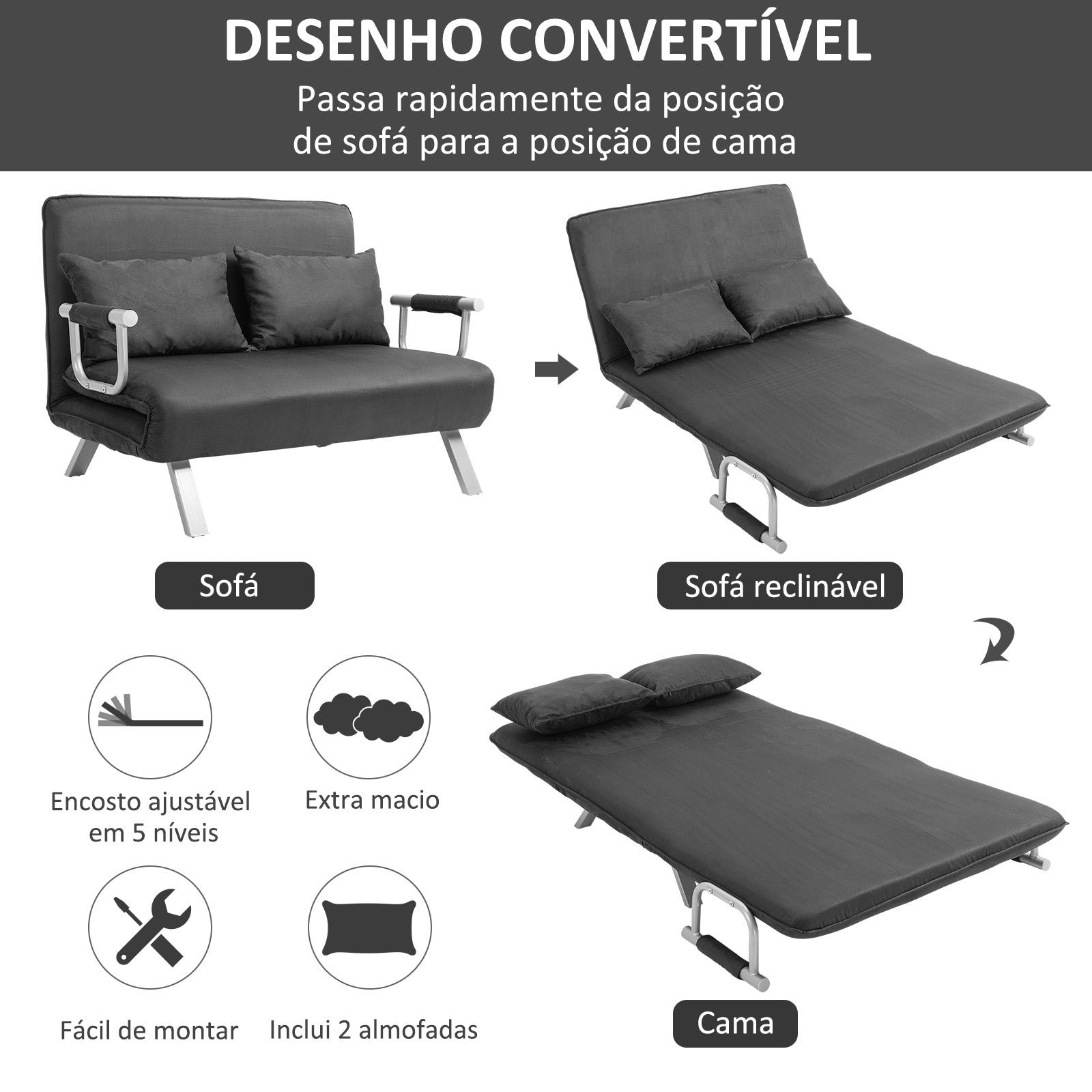 Sofá Cama de 2 Lugares Cinzento 111x80x78 cm - Encosto Ajustável em 5 Níveis
