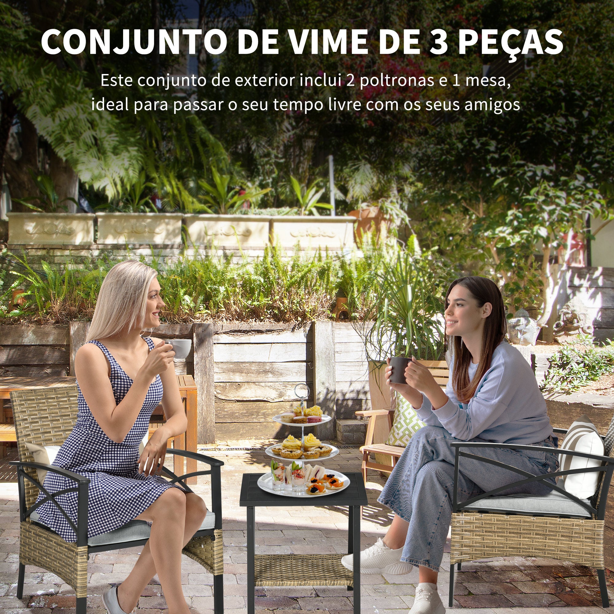 Conjunto de Poltronas e Mesa de Centro – 59x71x80cm – Marrom Claro – Vime