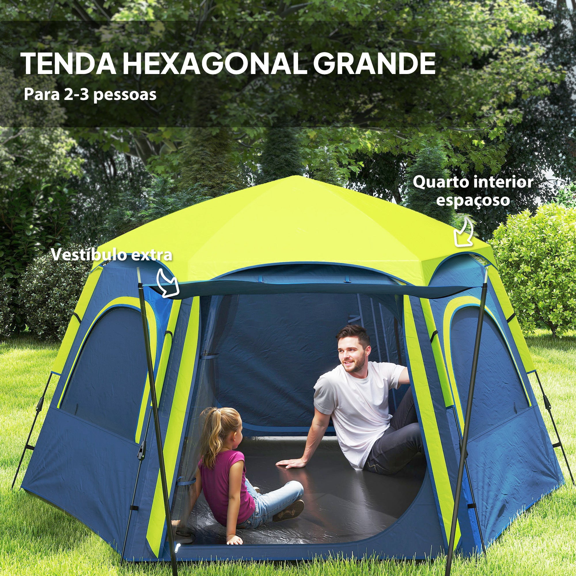 Tenda de Campismo para 2-3 Pessoas 280x240x155 cm - Azul e Verde