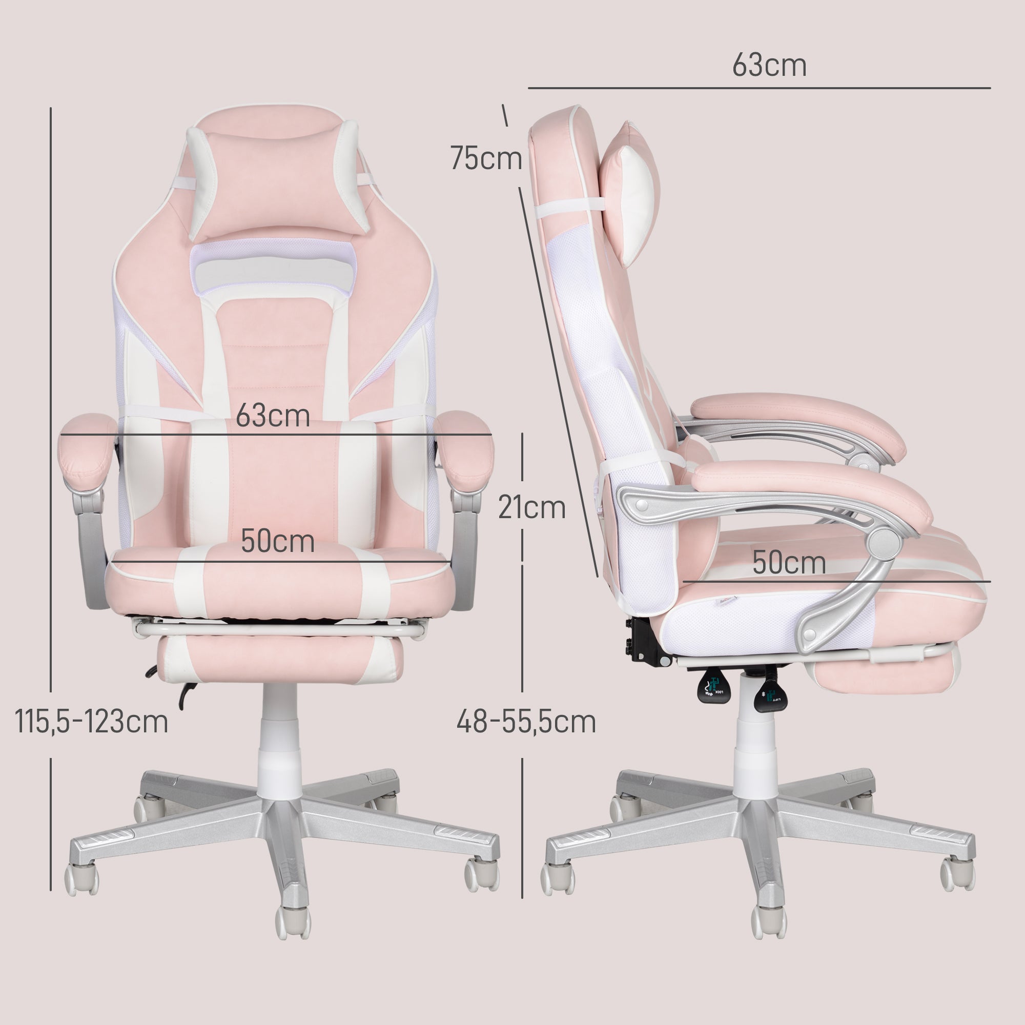 Cadeira de Escritório Reclinável – 63x63x115,5-123 cm – Rosa – Couro sintético