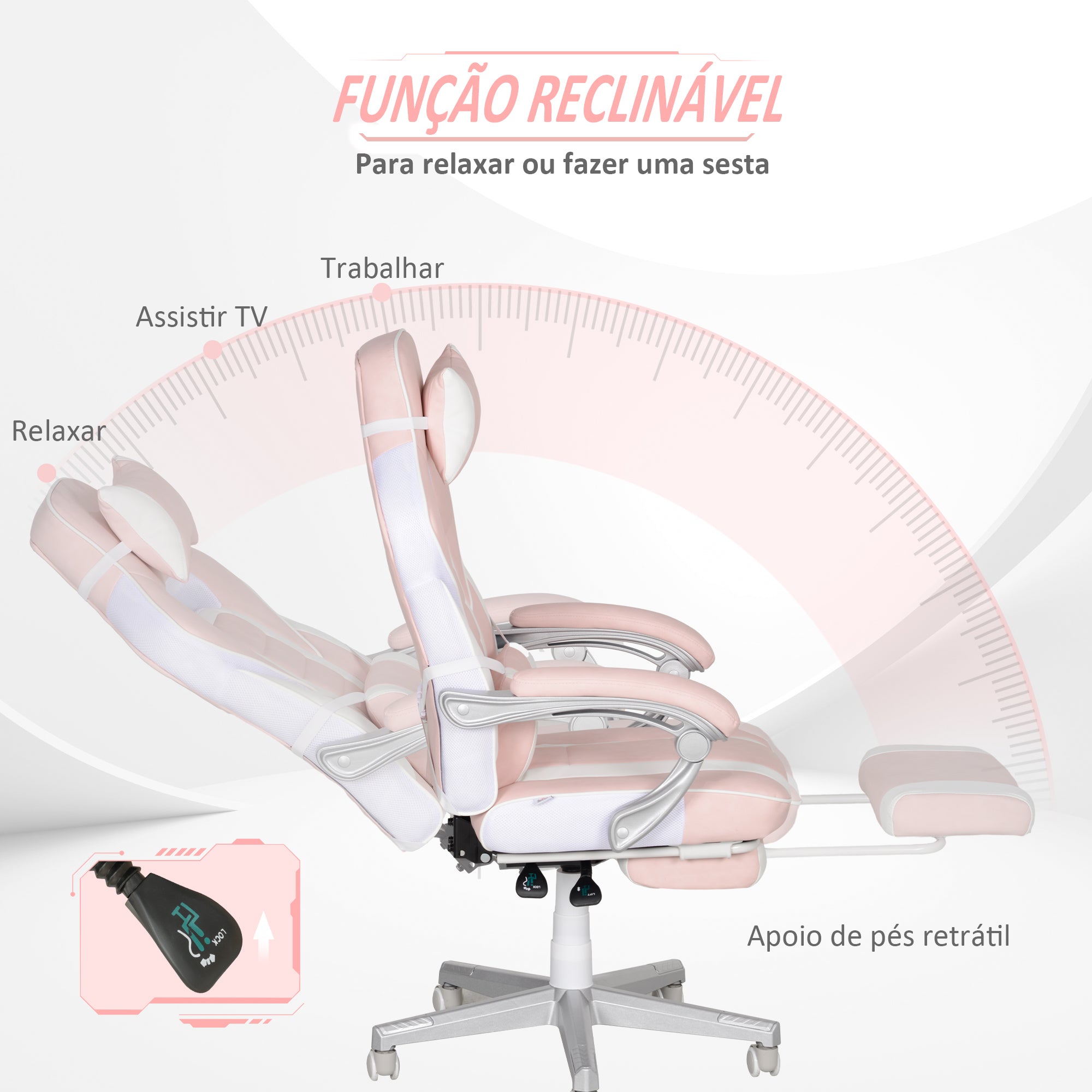 Cadeira de Escritório Reclinável – 63x63x115,5-123 cm – Rosa – Couro sintético