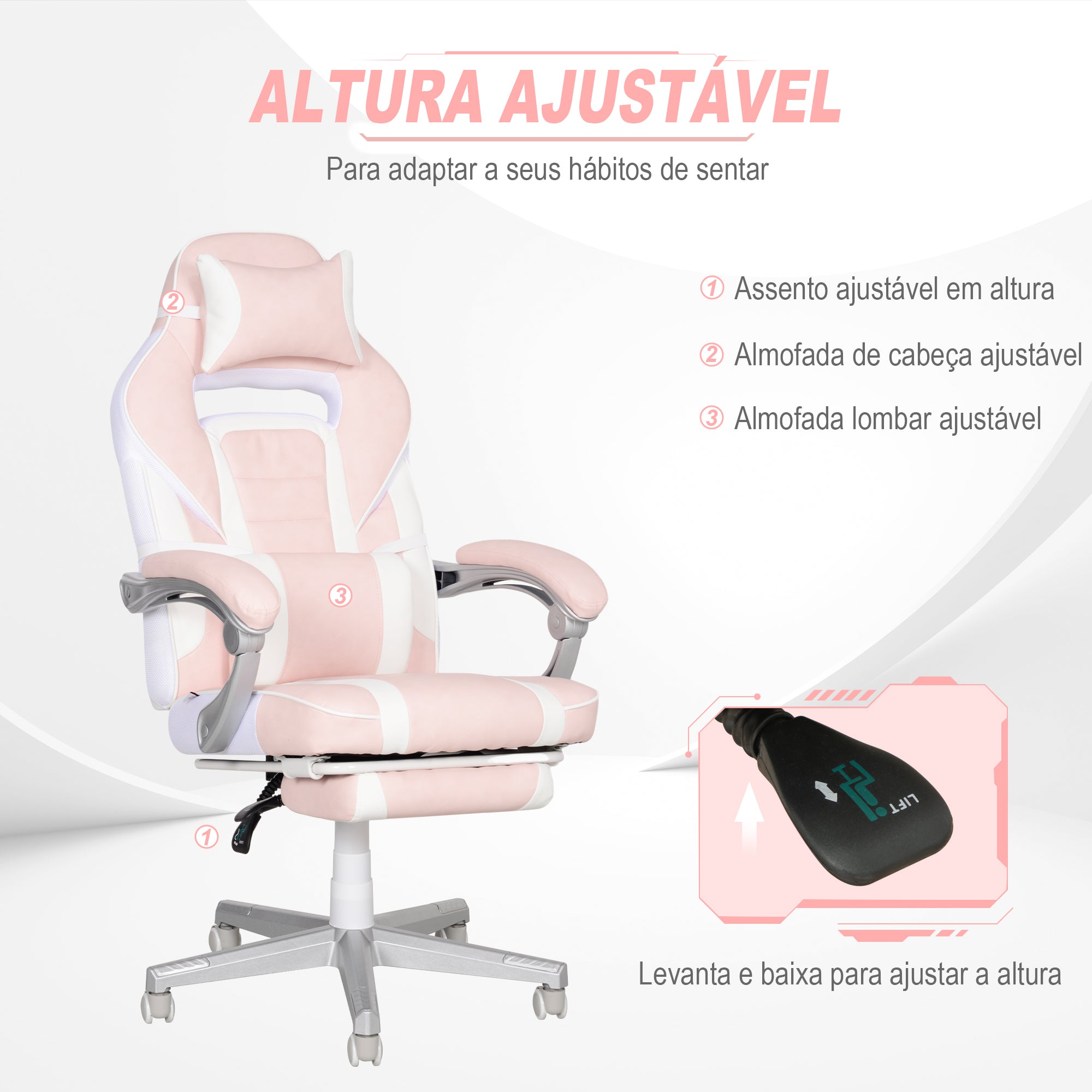 Cadeira de Escritório Reclinável – 63x63x115,5-123 cm – Rosa – Couro sintético