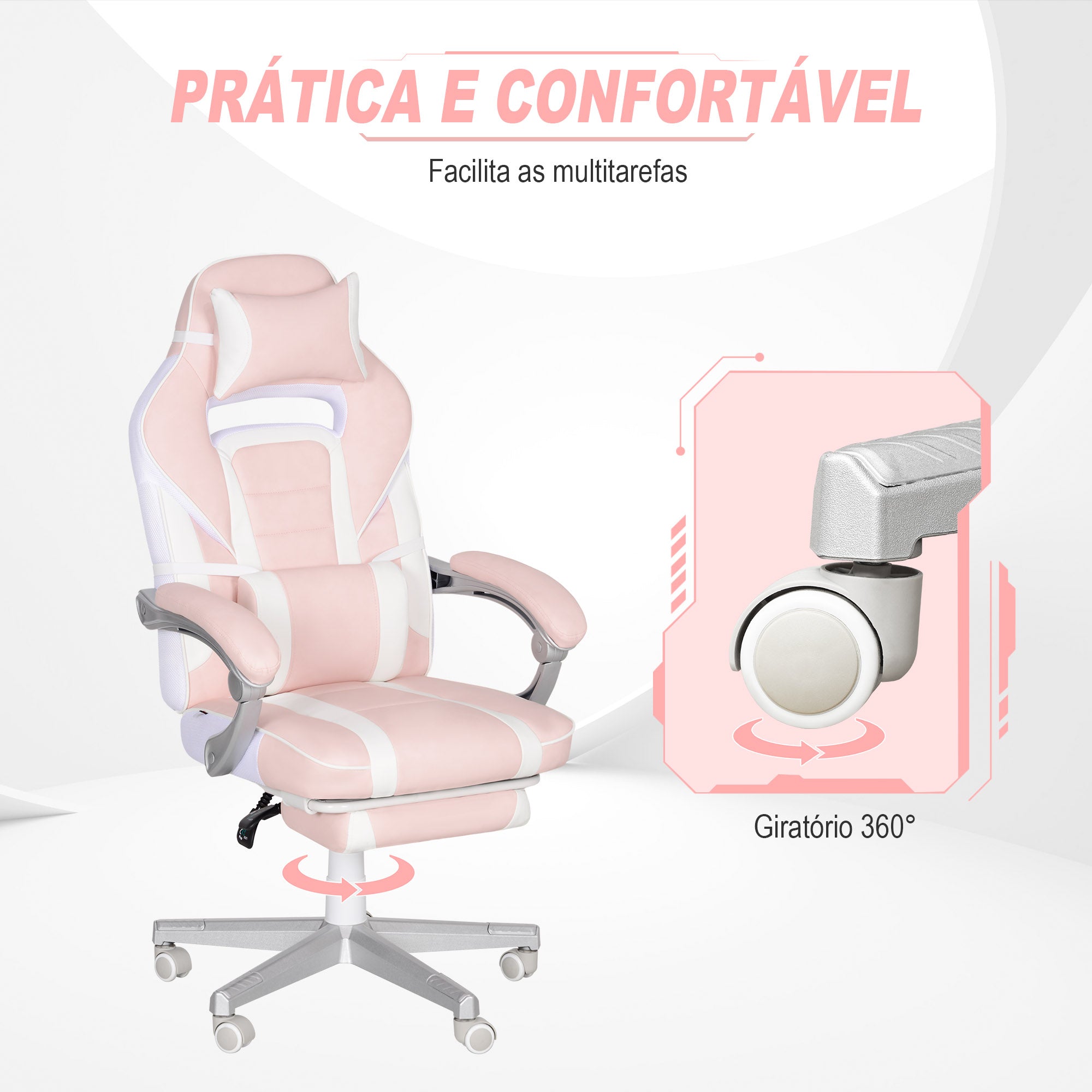 Cadeira de Escritório Reclinável – 63x63x115,5-123 cm – Rosa – Couro sintético
