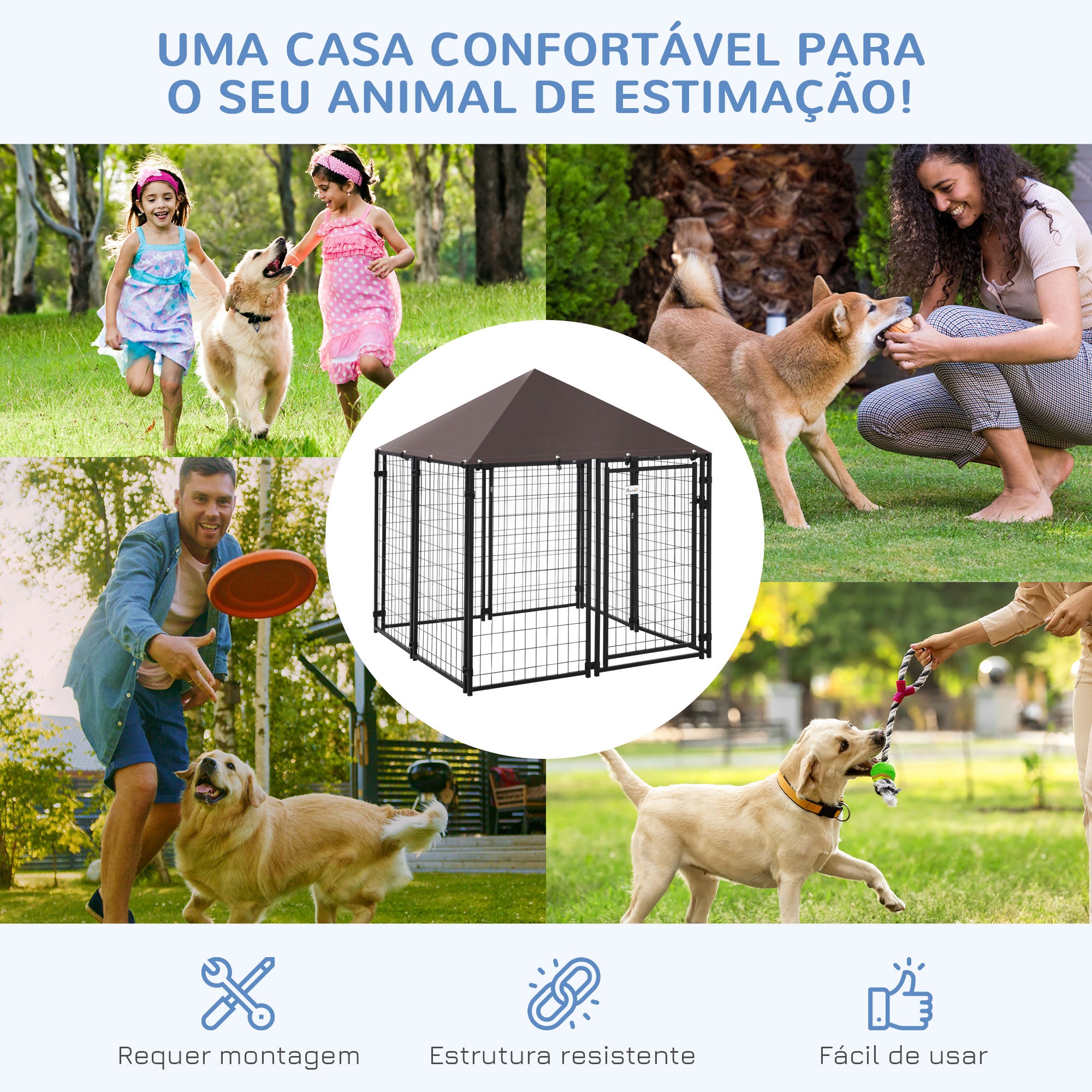 Parque para Animais de Estimação – 141x141x153 cm – Preto – Metal e Poliéster