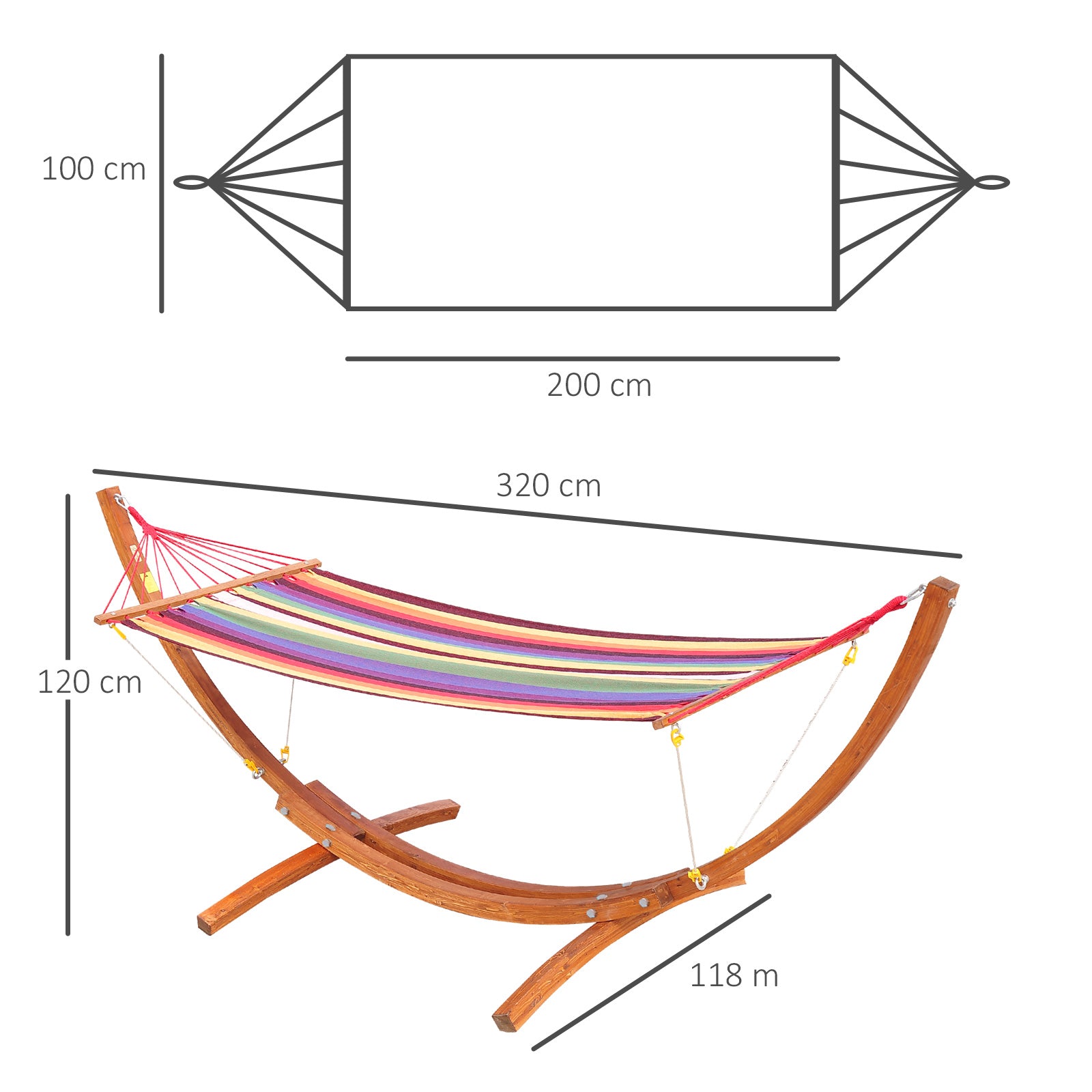 Cama Rede com Suporte de Madeira 325x118x120cm - Madeira e Multicor