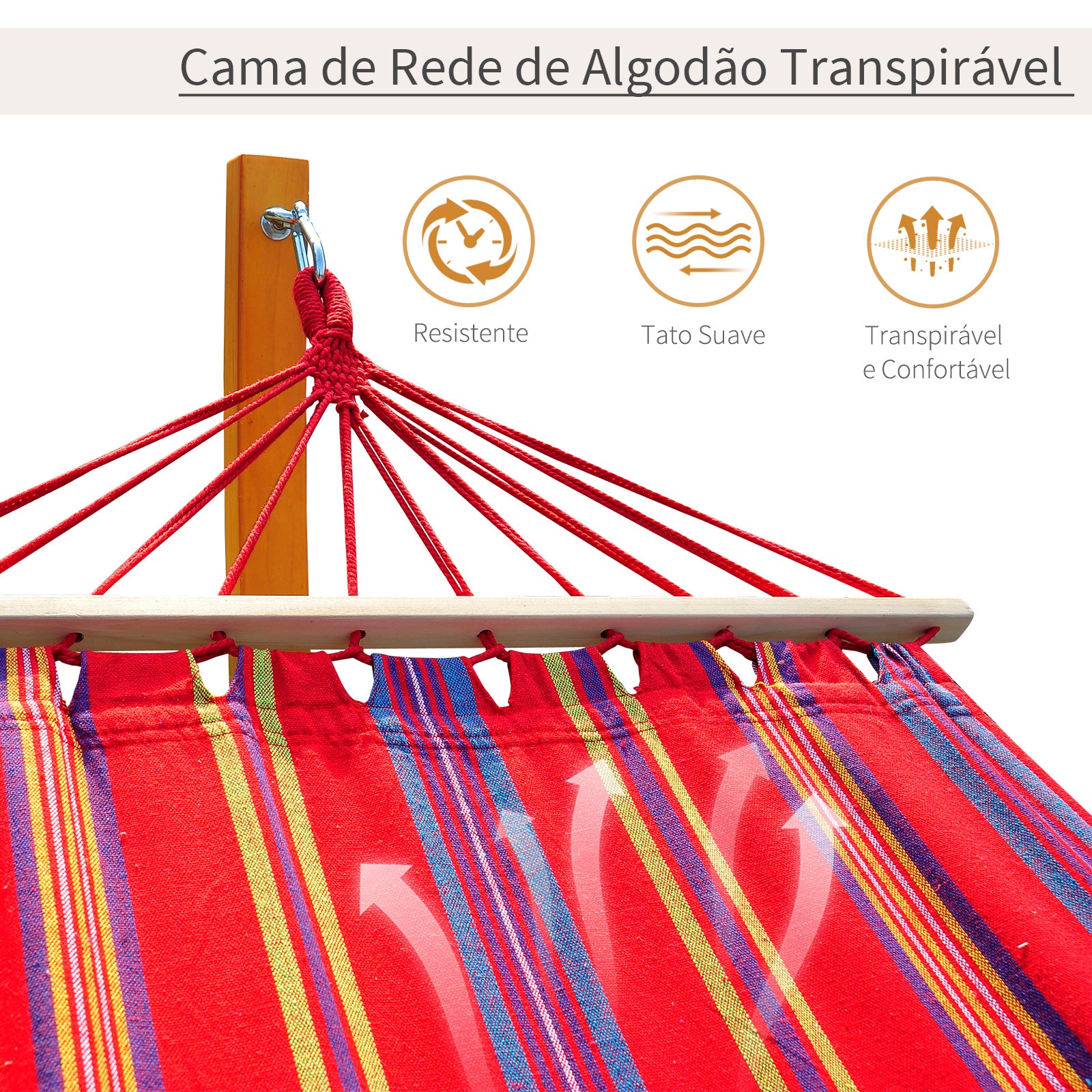 Cama Rede com Suporte de Madeira 325x118x120cm - Madeira e Multicor