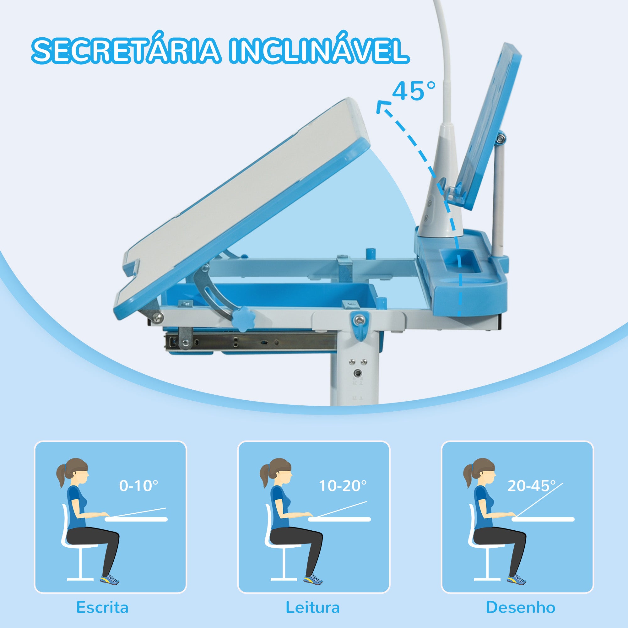Secretária e Cadeira Ajustáveis para Crianças - Azul 80x49,5x80-105 cm