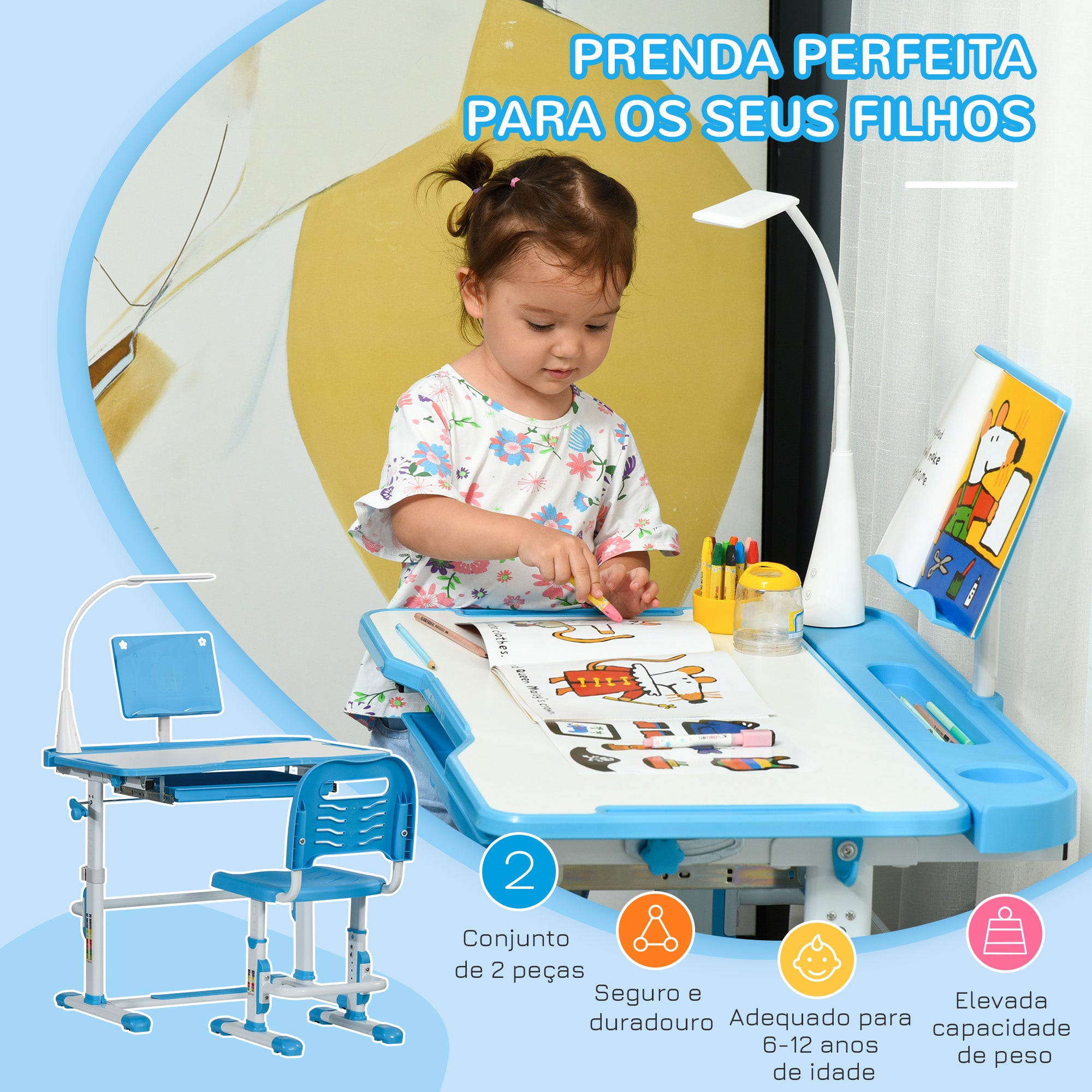Secretária e Cadeira Ajustáveis para Crianças - Azul 80x49,5x80-105 cm