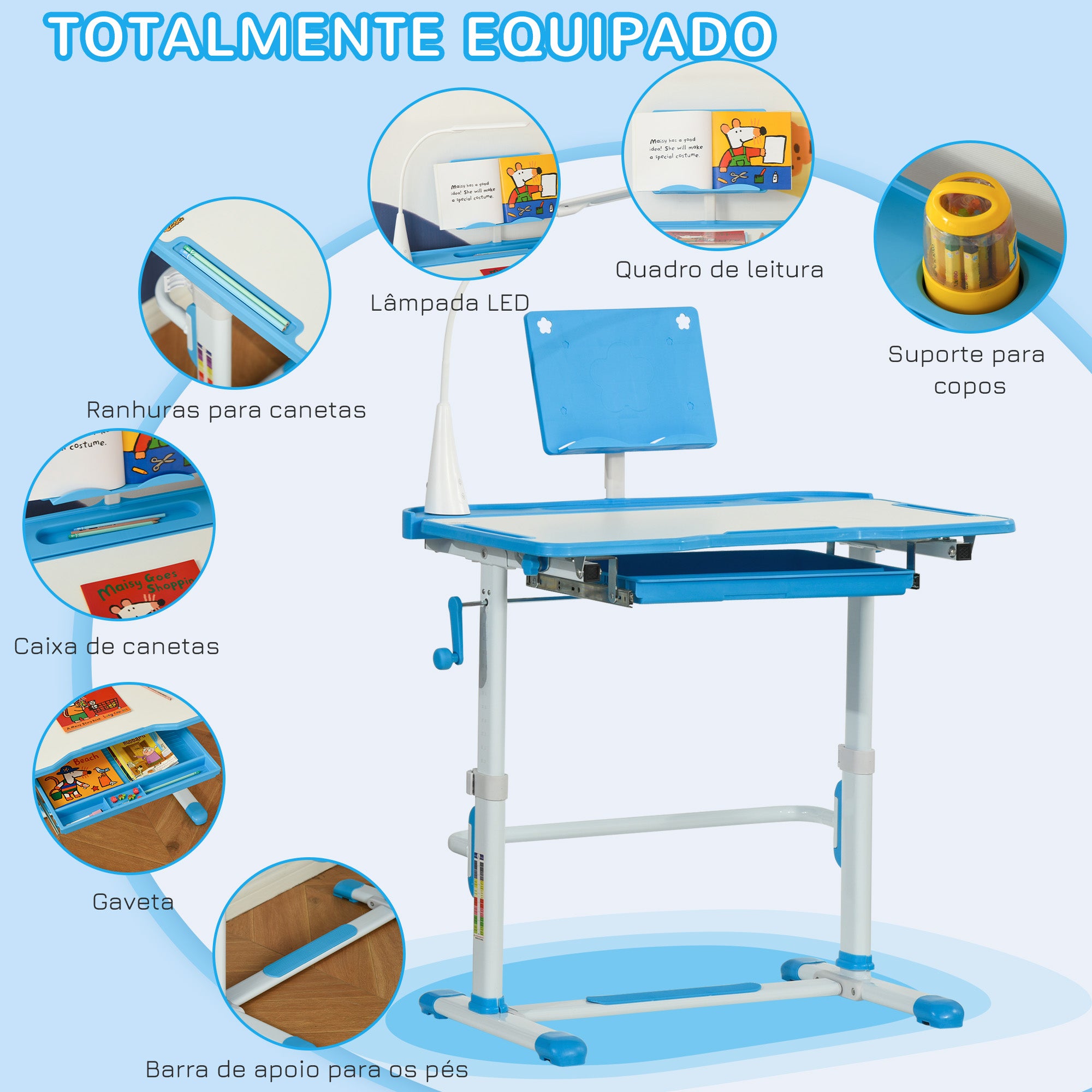 Secretária e Cadeira Ajustáveis para Crianças - Azul 80x49,5x80-105 cm