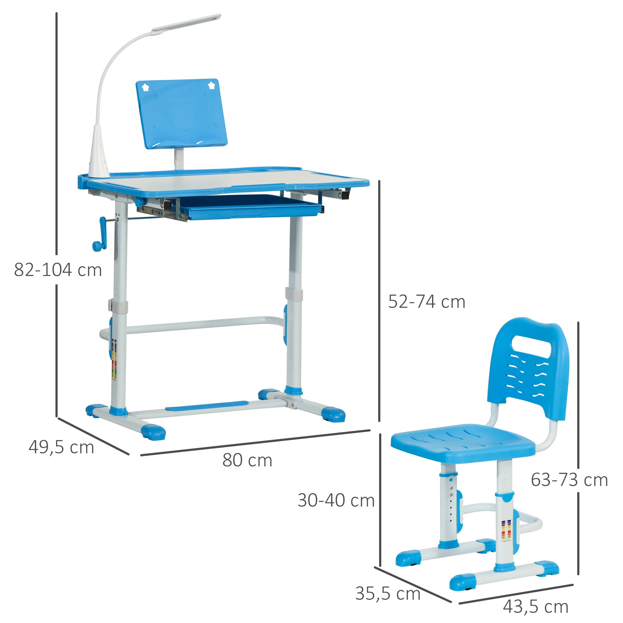 Secretária e Cadeira Ajustáveis para Crianças - Azul 80x49,5x80-105 cm