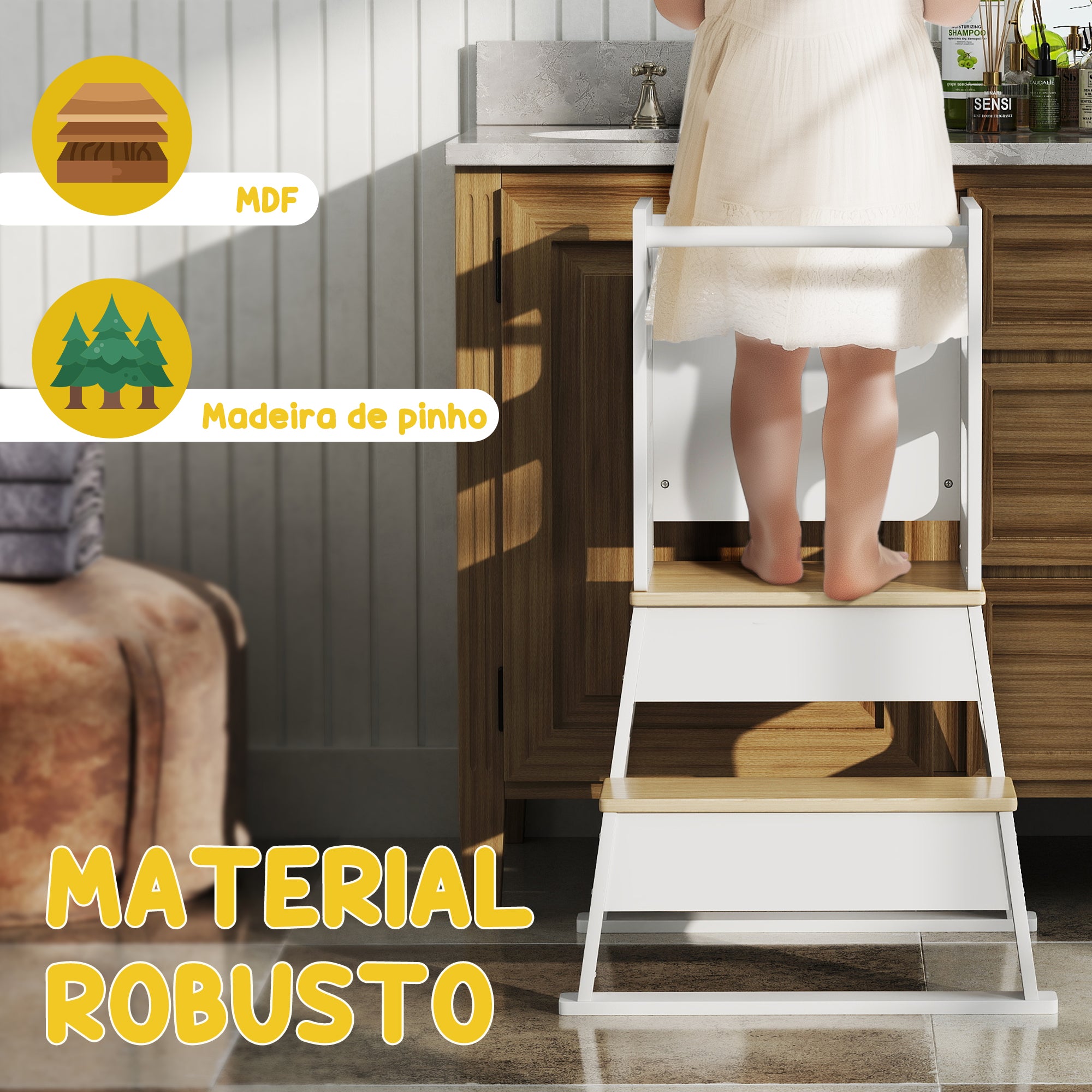 Torre de Aprendizagem 2 em 1 – 55x52,5x87,5 cm – Branco – MDF e madeira de pinho