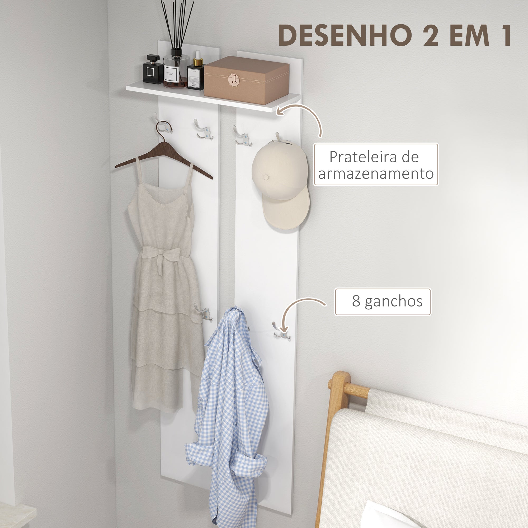 Móvel Cabide de Entrada Moderno – 55x21,3x170 cm – Branco – Melamina