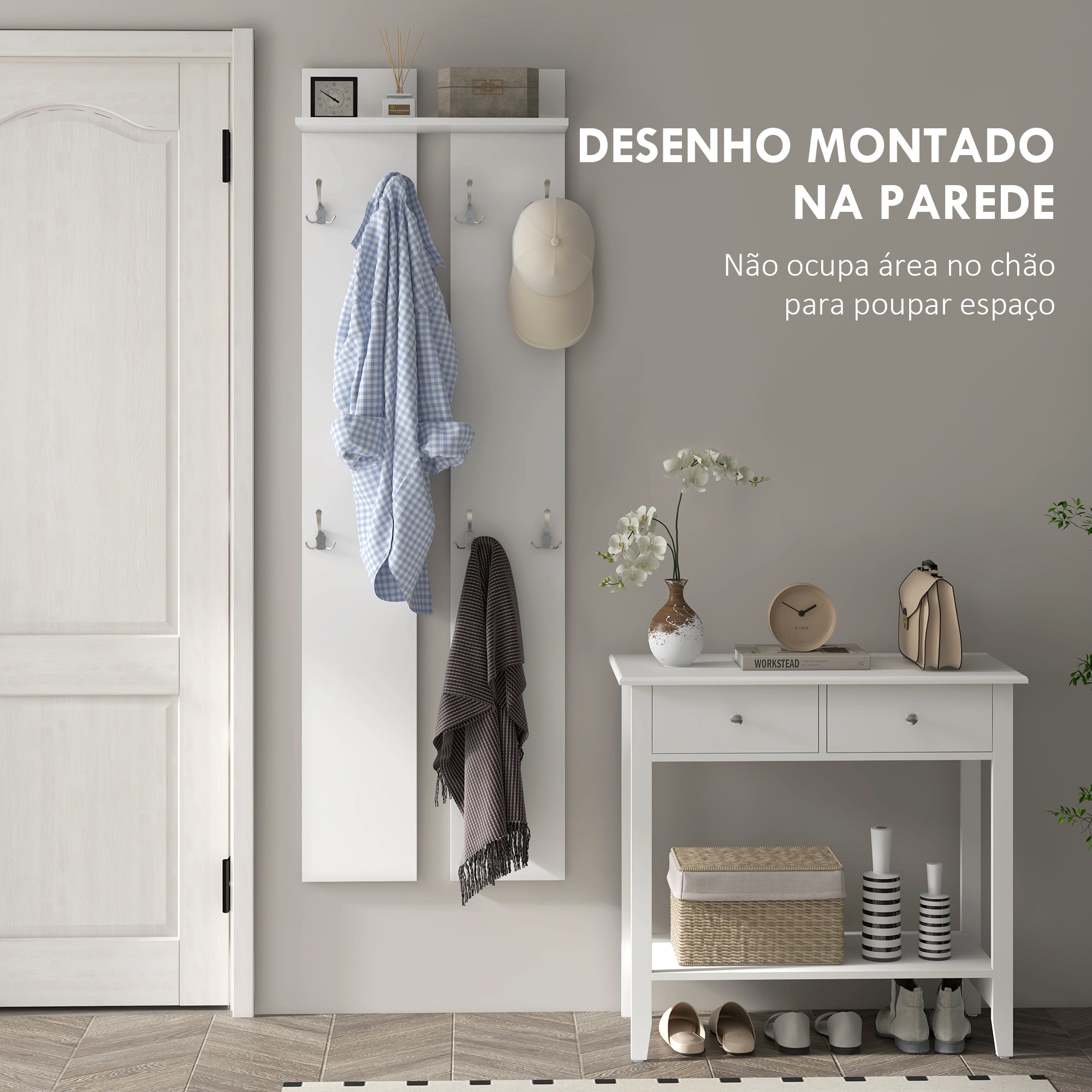 Móvel Cabide de Entrada Moderno – 55x21,3x170 cm – Branco – Melamina