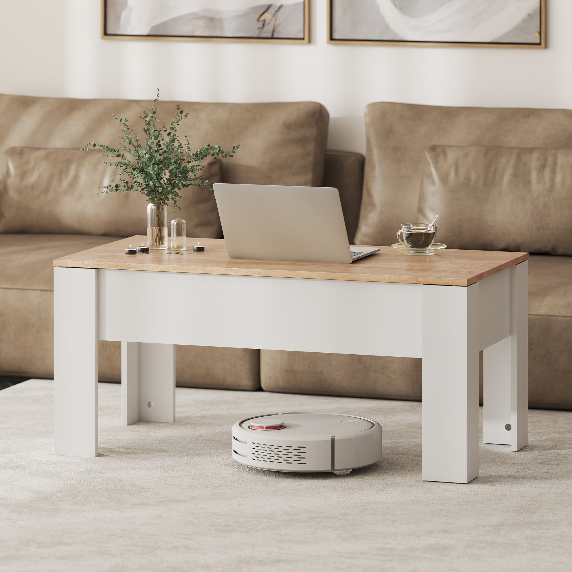 Mesa de Centro com Bancada Elevatória 100x50x45-58,5 cm - Branco e Madeira