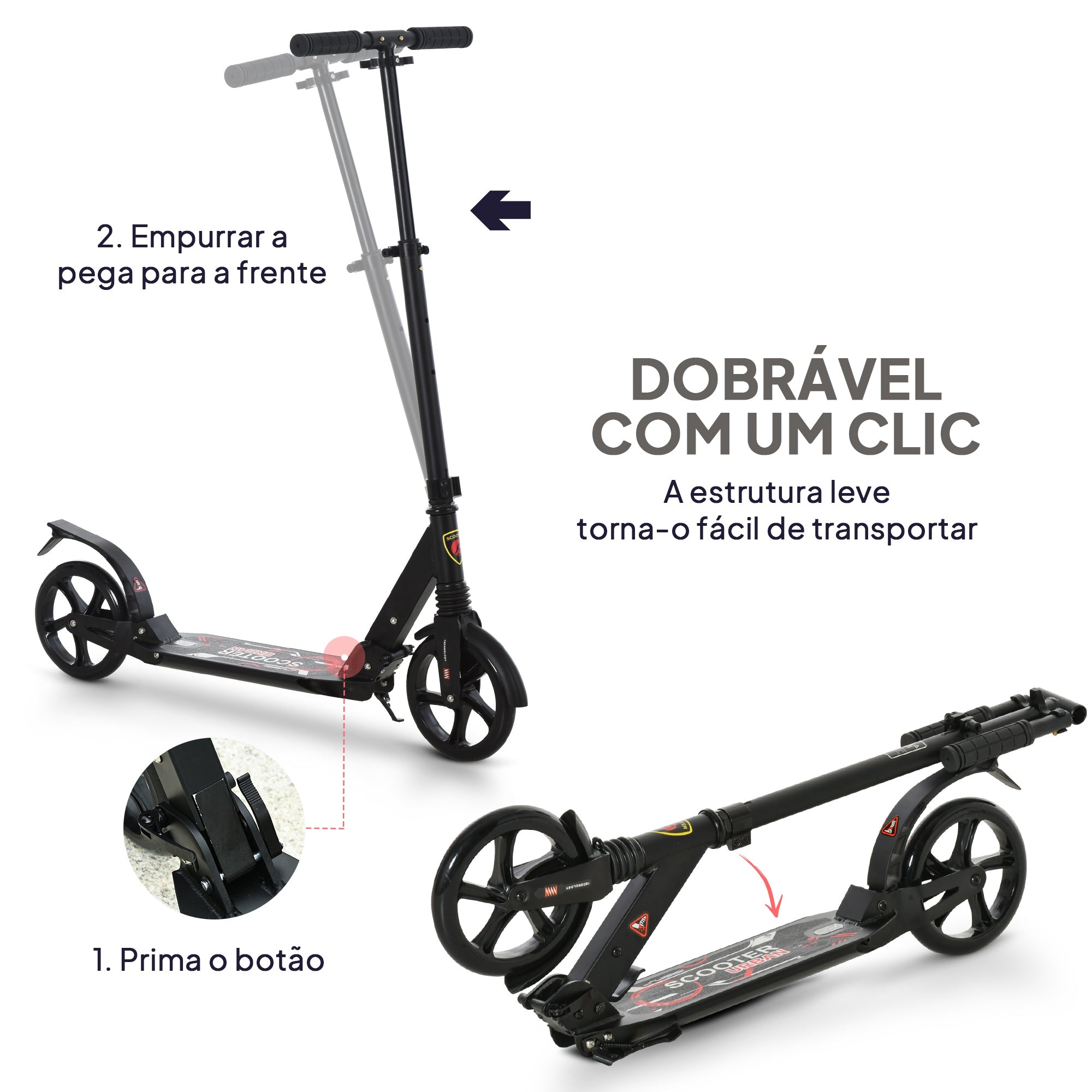 Trotinete Dobrável para Adultos e Crianças (Preto, 100 kg) - Medidas 94x38x90-105cm