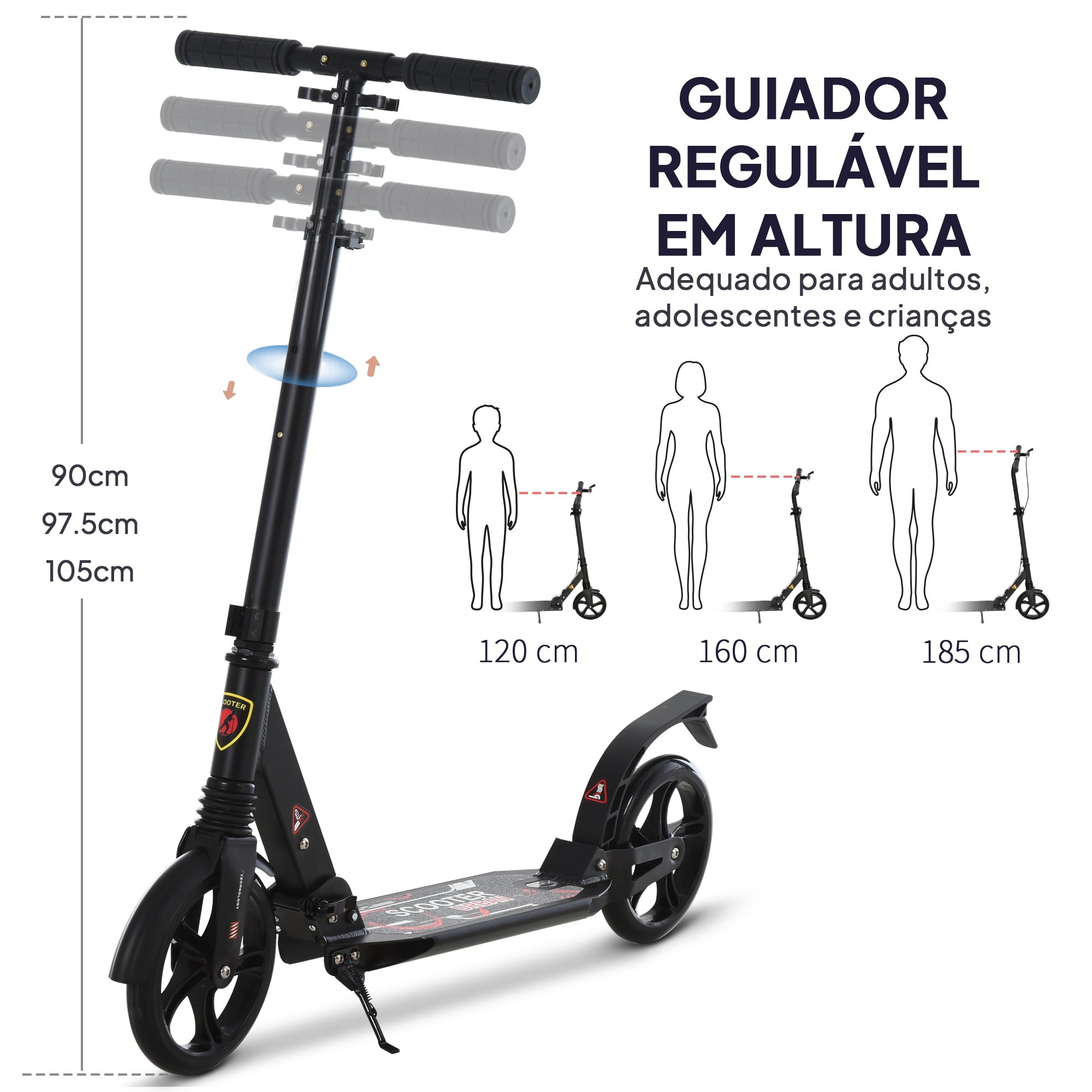 Trotinete Dobrável para Adultos e Crianças (Preto, 100 kg) - Medidas 94x38x90-105cm