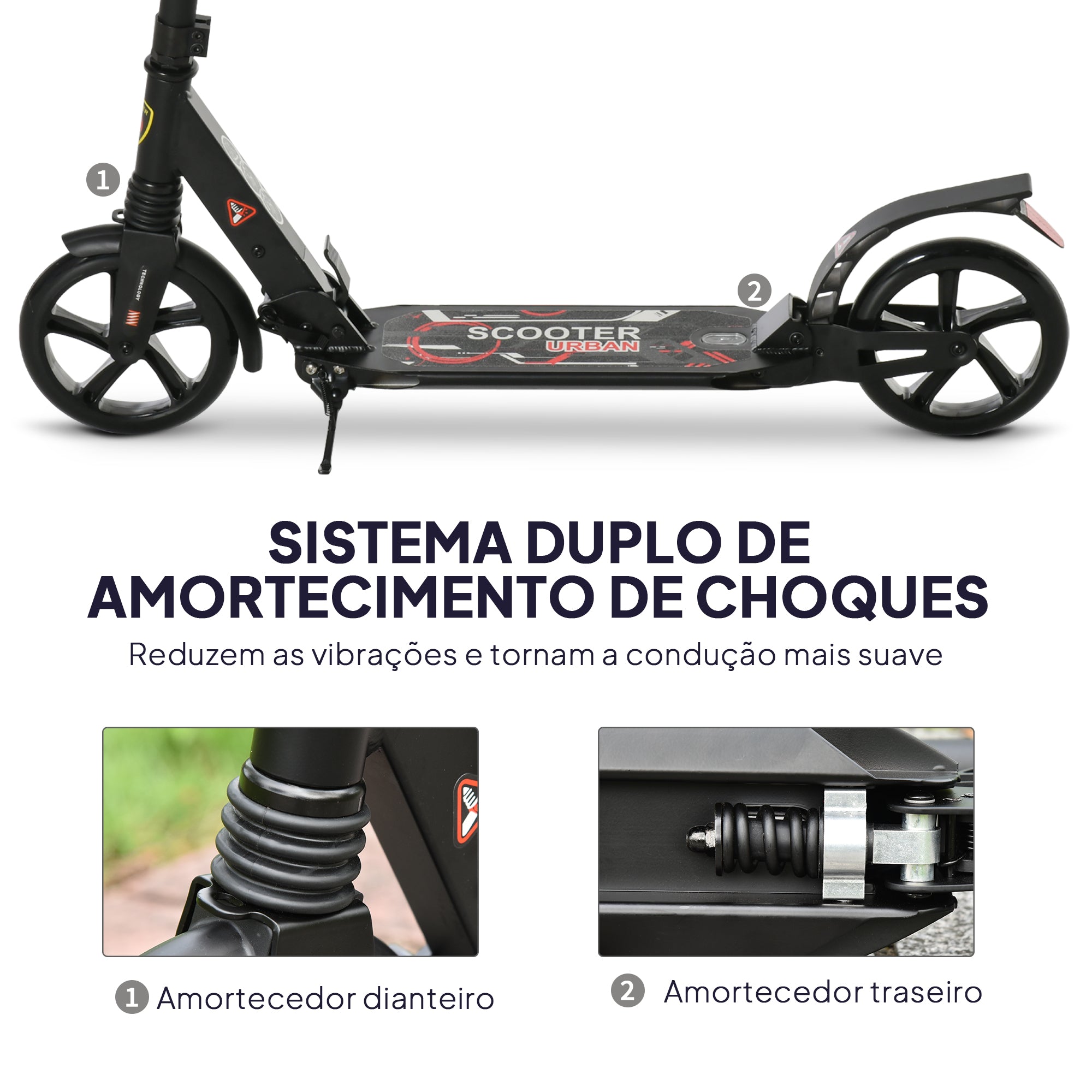 Trotinete Dobrável para Adultos e Crianças (Preto, 100 kg) - Medidas 94x38x90-105cm