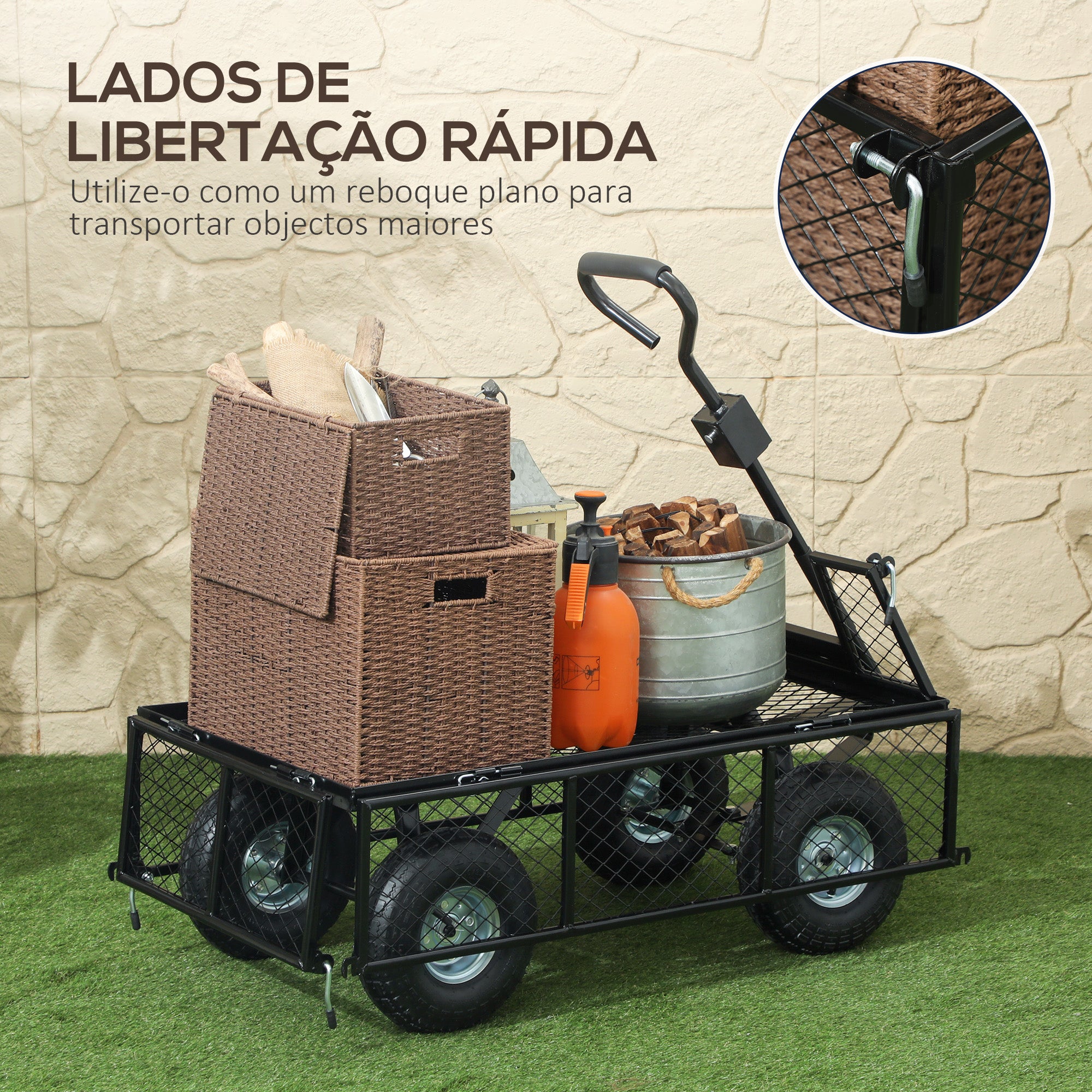 Carrinho de Transporte com Rodas Grandes 105x51x54 cm - Cor Preto