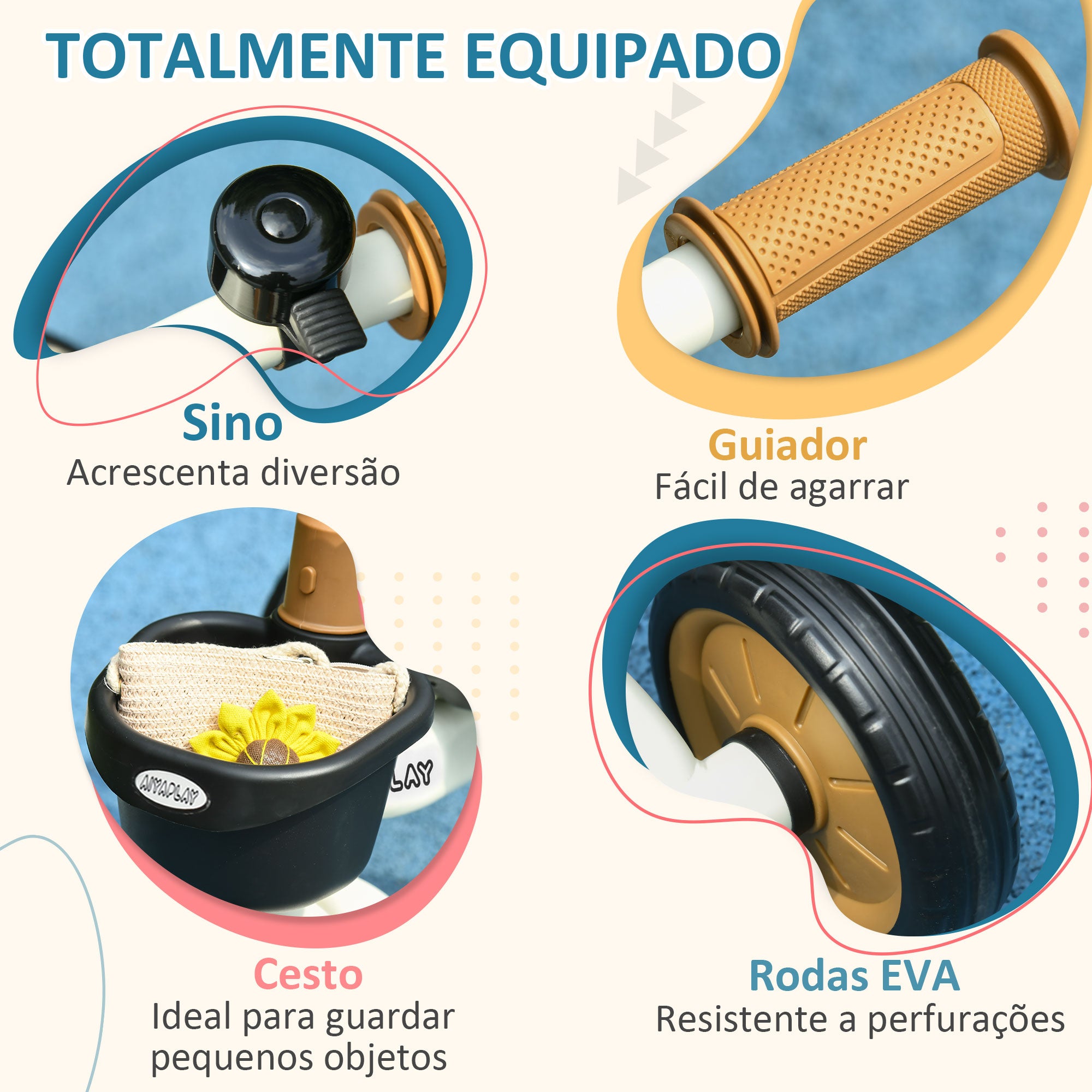 Triciclo Infantil – 70,5x53x58 cm – Bege e Marrom – Metal e Plástico