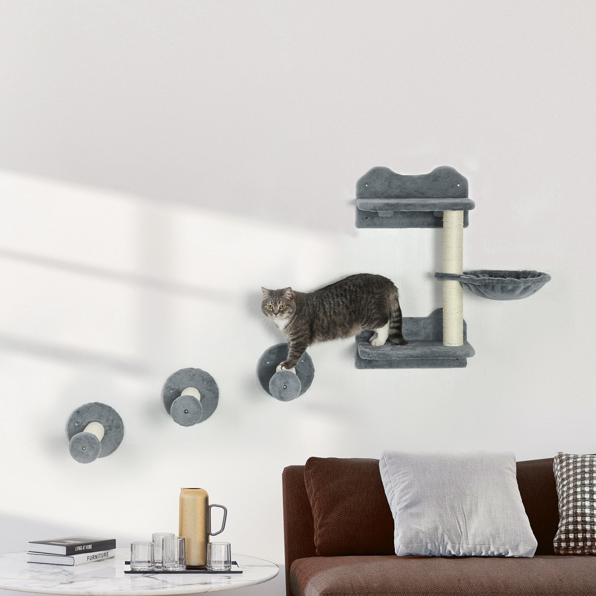 Conjunto de Prateleiras de Parede para Gatos - 40x28x73 cm - Cinza