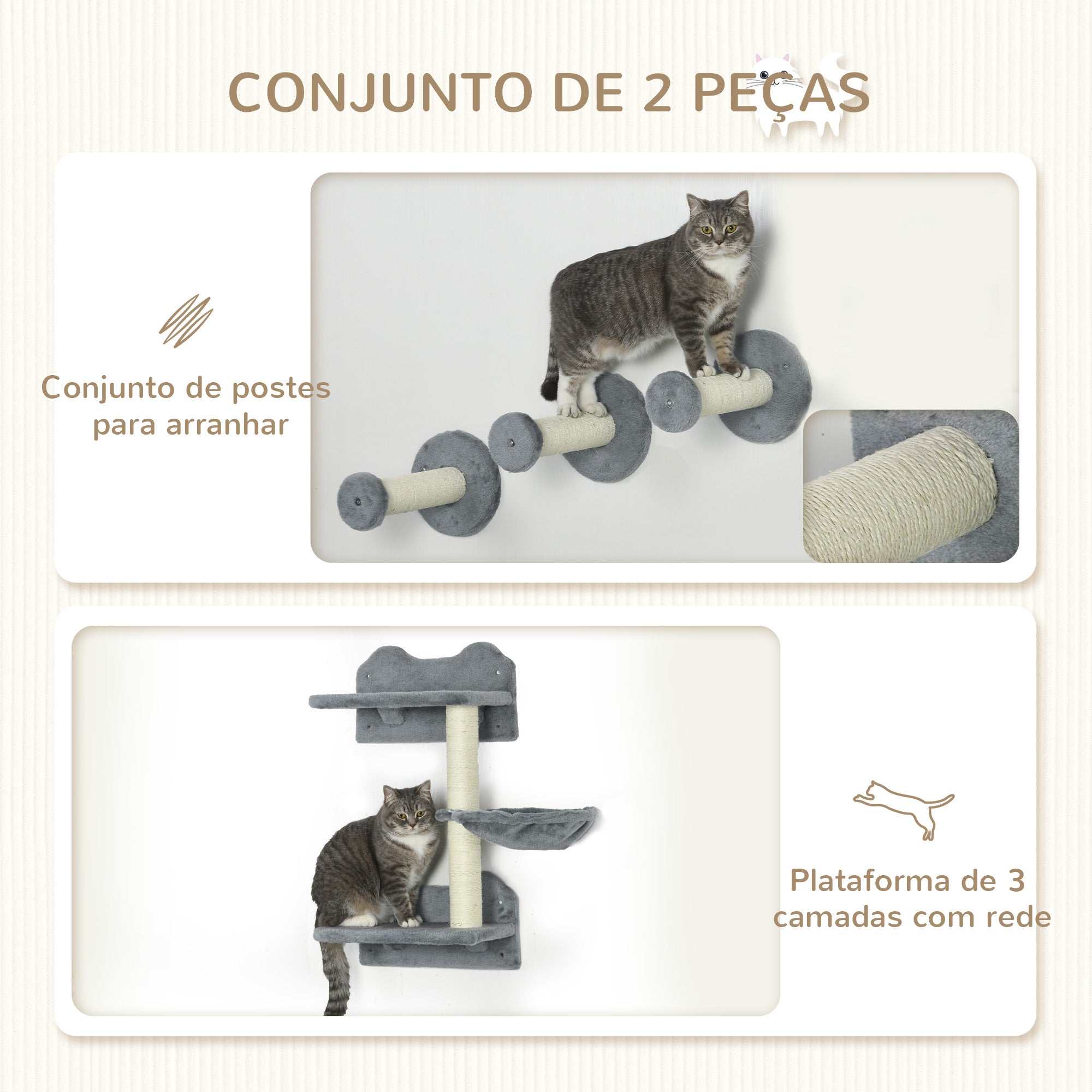 Conjunto de Prateleiras de Parede para Gatos - 40x28x73 cm - Cinza