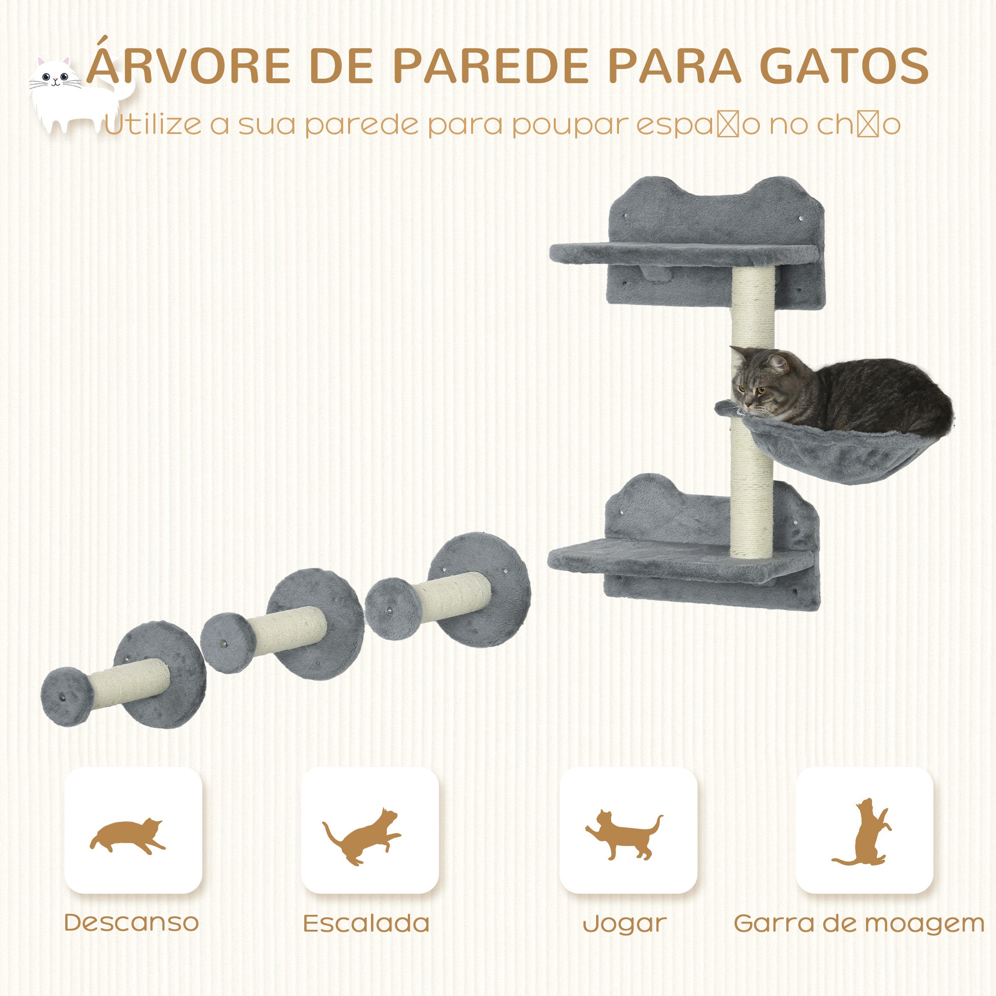Conjunto de Prateleiras de Parede para Gatos - 40x28x73 cm - Cinza