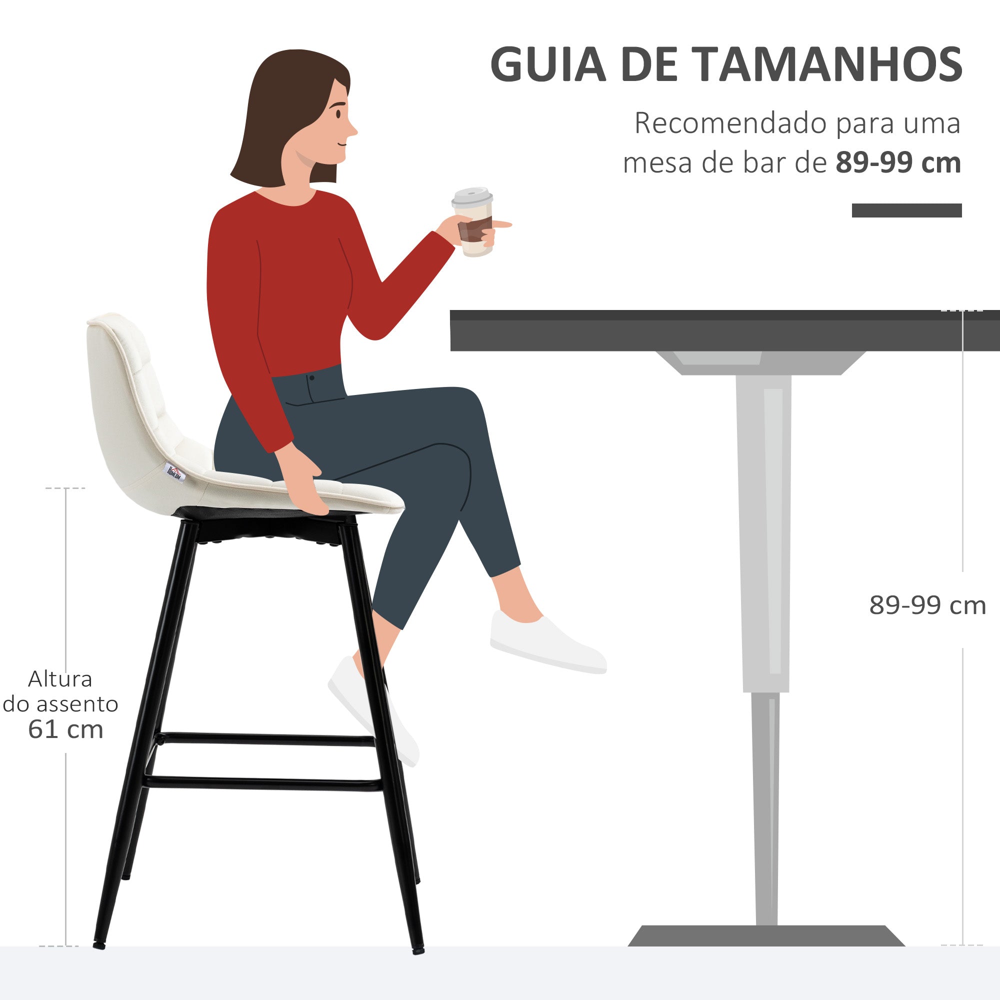 Bancos de Bar Acolchoados – 45x47x84 cm – Cor Creme Branco – Poliéster e metal