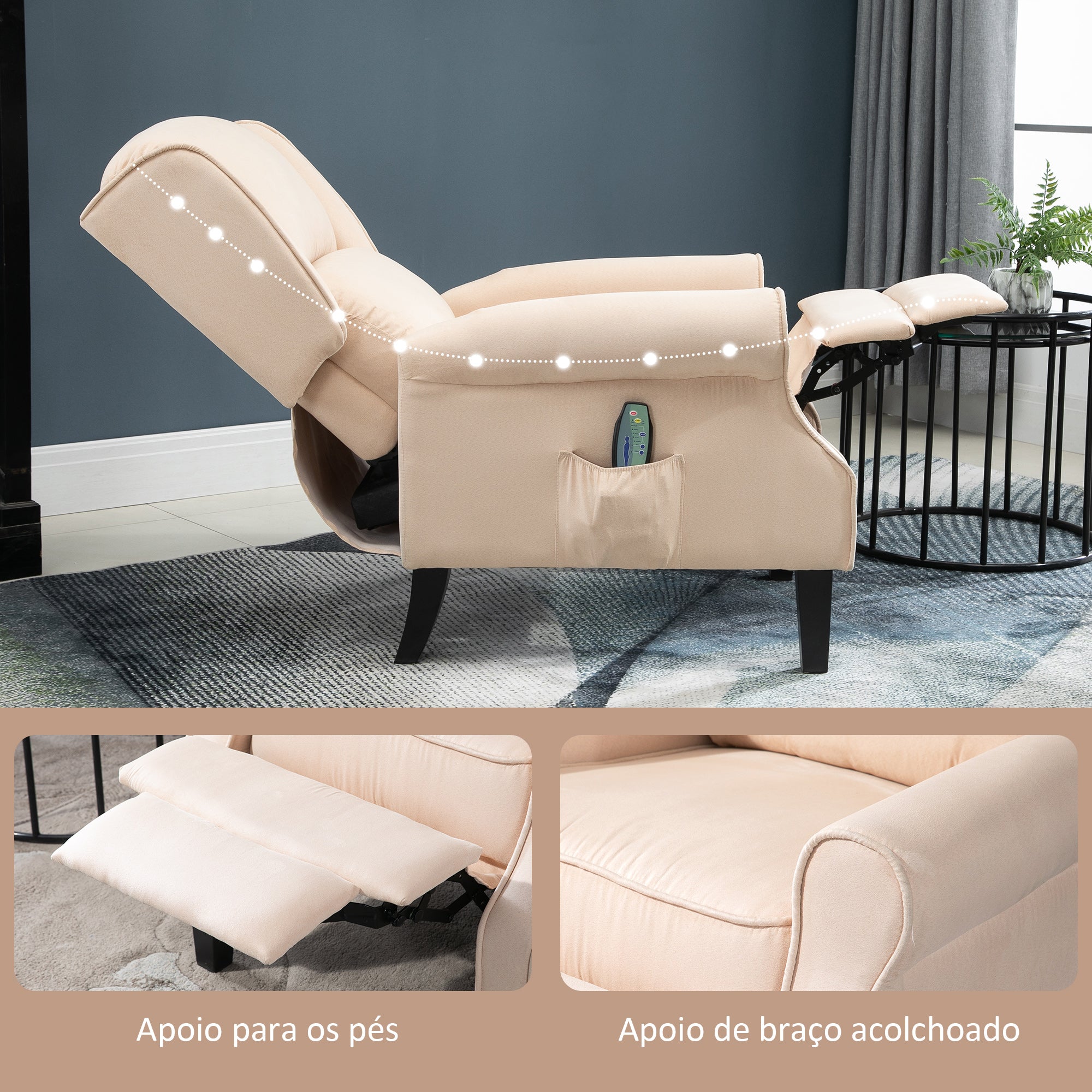 Poltrona de Massagem Reclinável – 78x83x101 cm – Bege – Tecido, madeira de álamo e aço