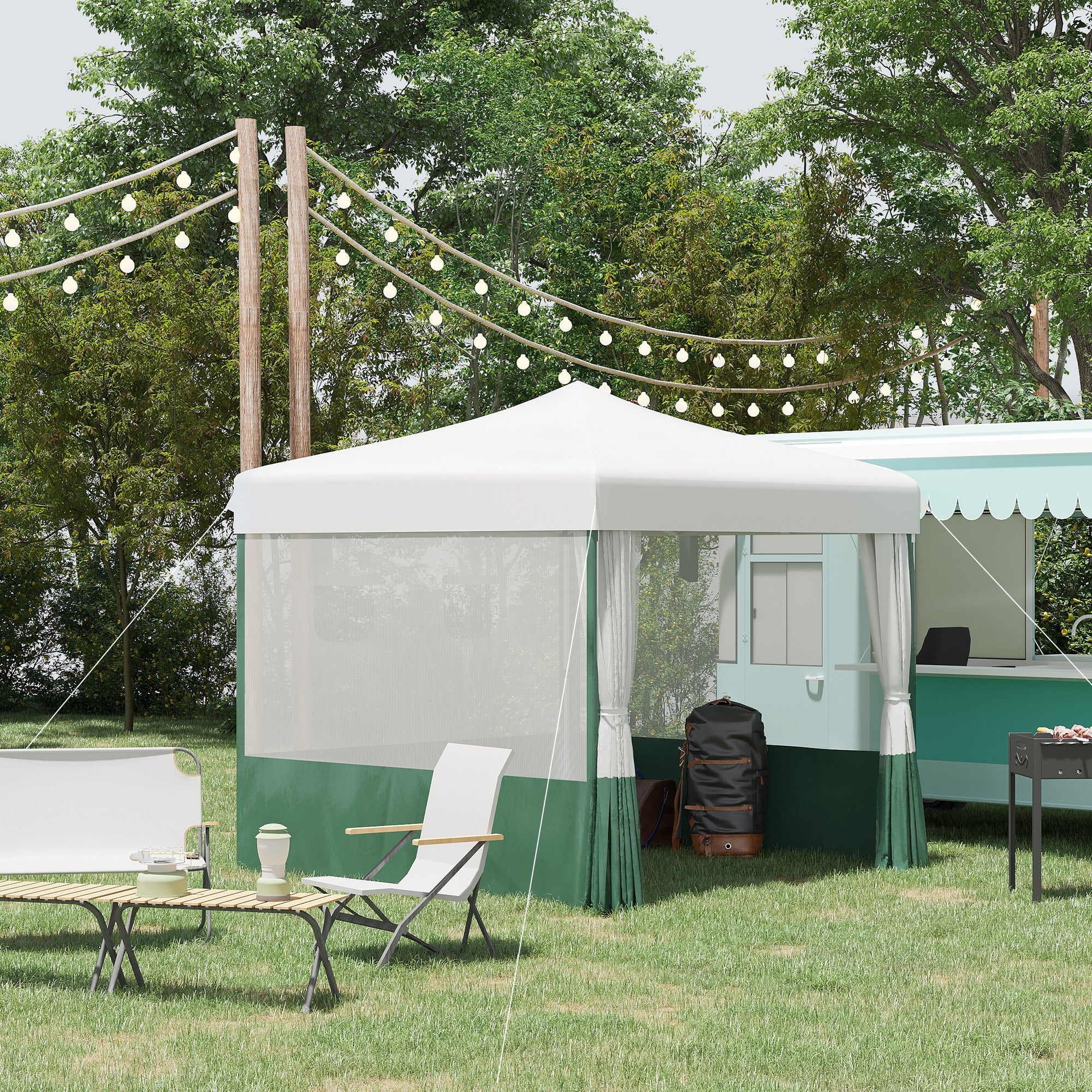 Tenda Dobrável de Jardim – 270x270x300 cm – Branco e Verde – Aço e Tecido Oxford